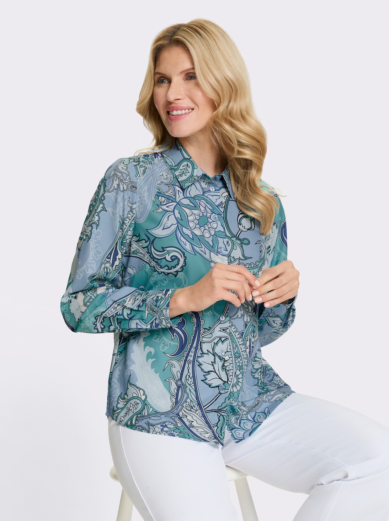 Hemdbluse - himmelblau-eisblau-bedruckt