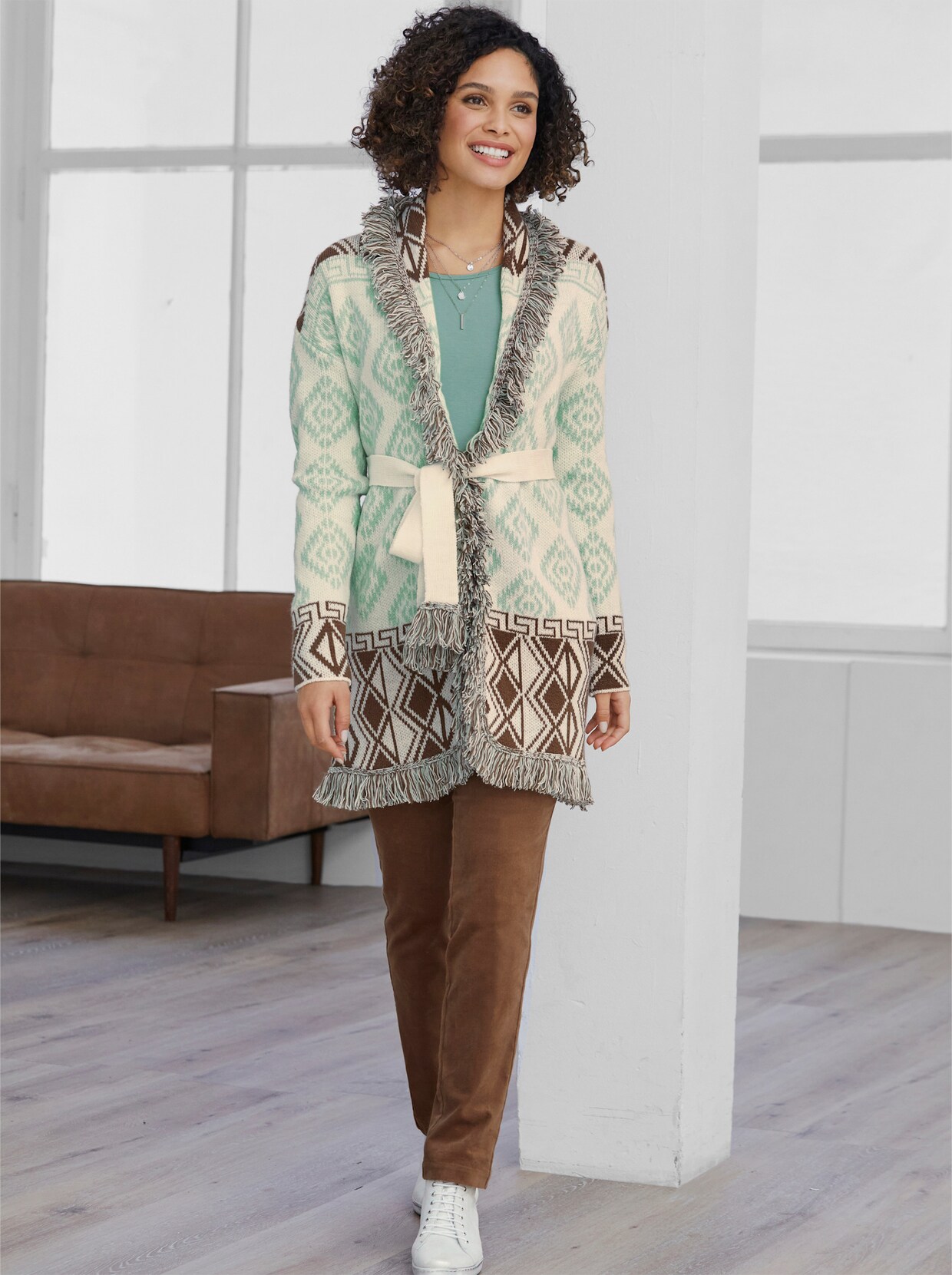 heine Strickjacke - braun-kalkmint-gemustert