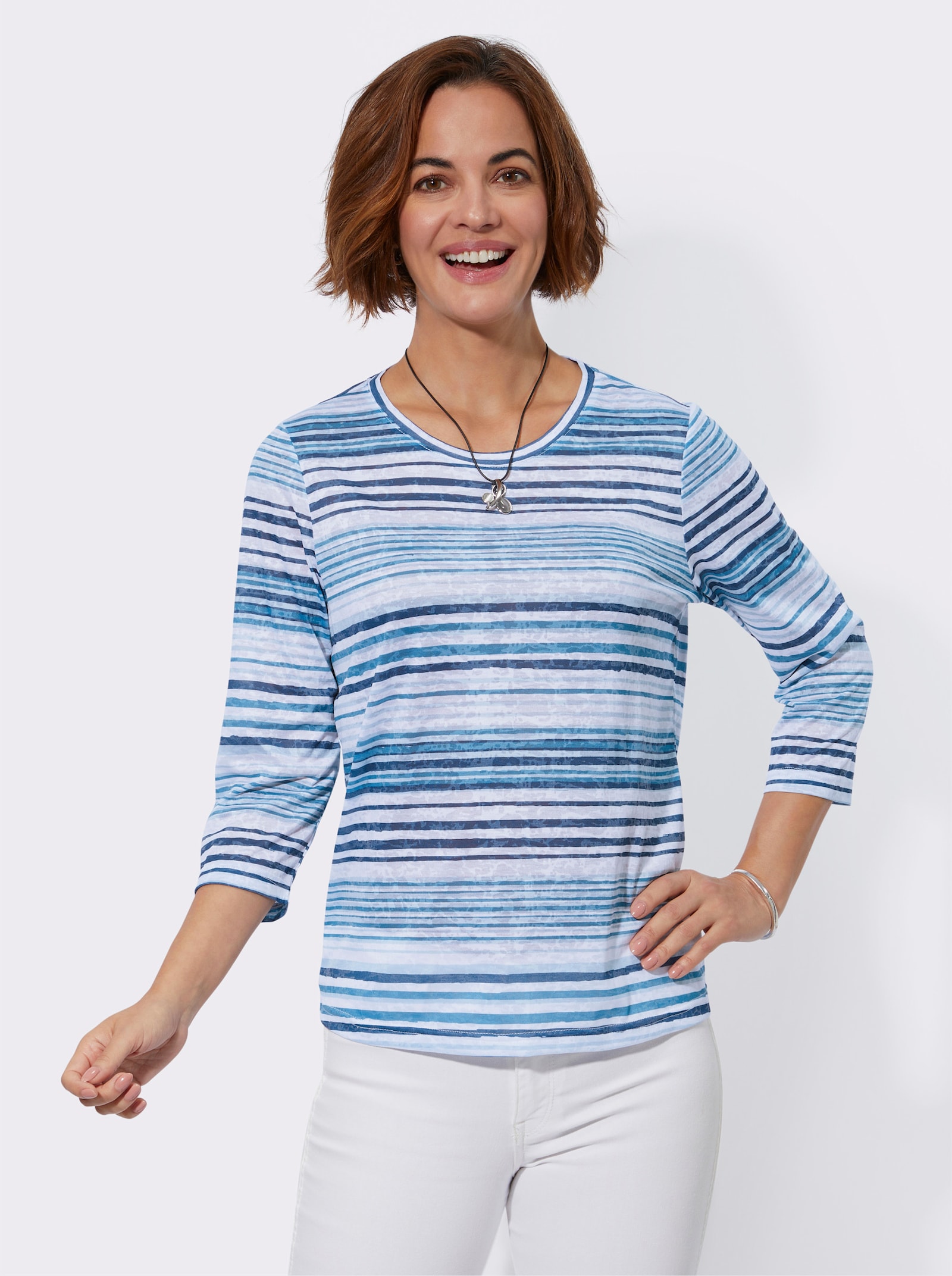 Ringelshirt mit leicht transparenten Partien - mittelblau-ecru-bedruckt