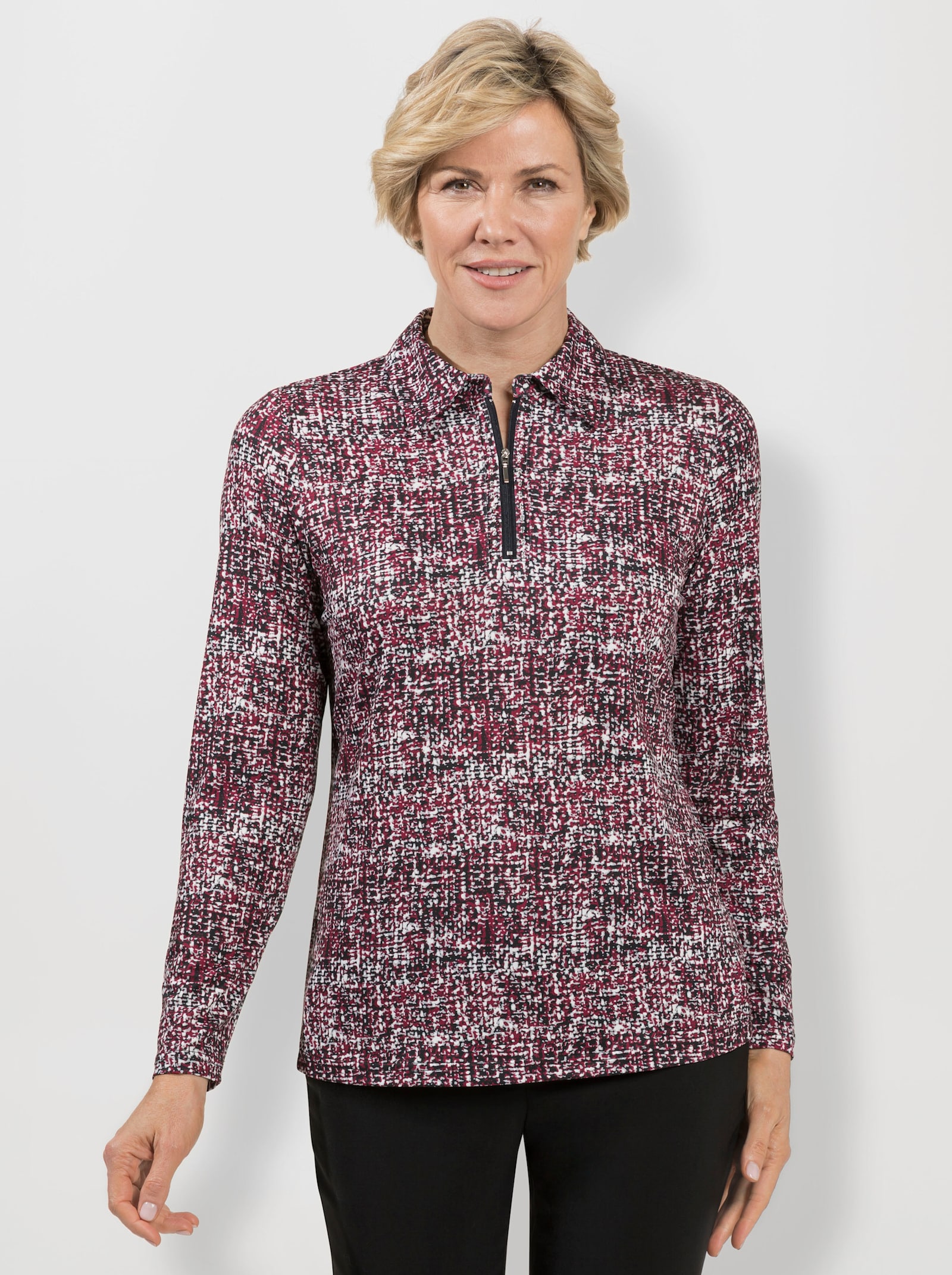 Poloshirt mit Glitzersteinchen am Reissverschluss - kirsche-steingrau-bedruckt