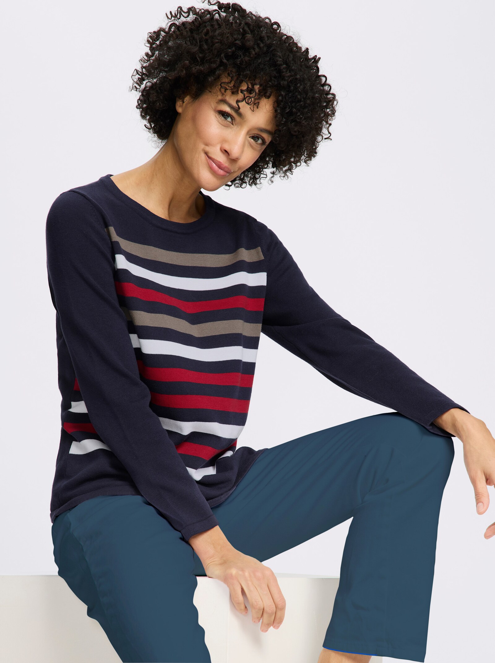 Rundhalspullover aus reiner Baumwoll - marine-rot-geringelt