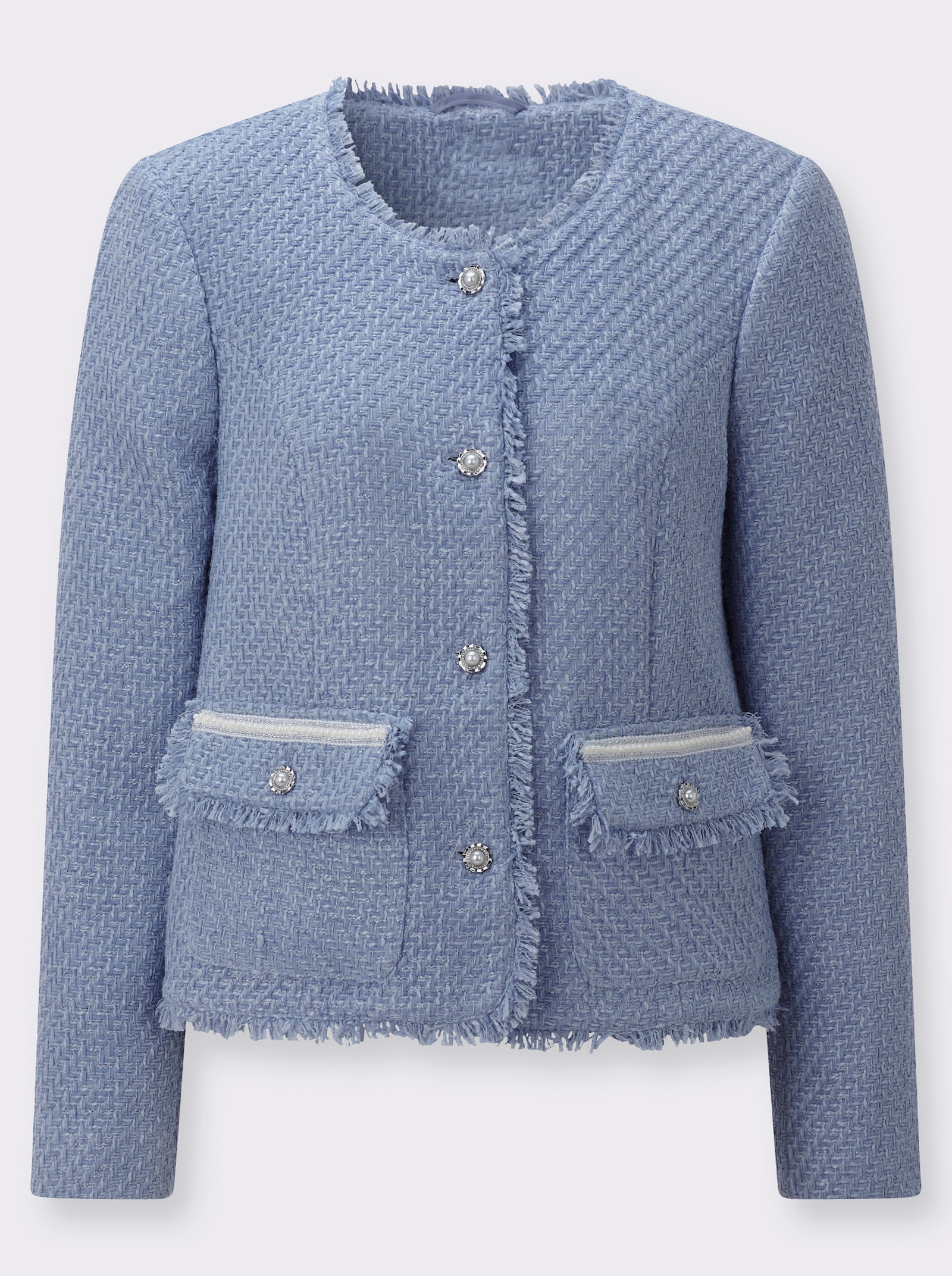 Bouclé-Blazer mit Fransen-Verzierung - taubenblau