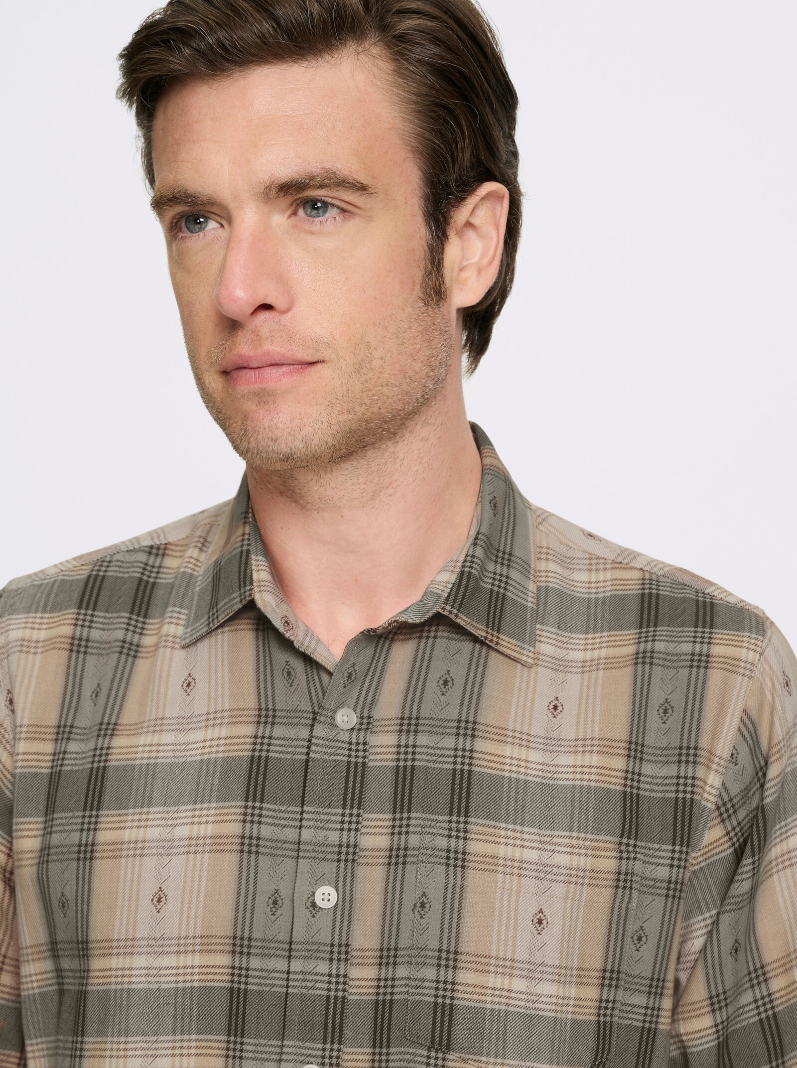 Catamaran Langarmhemd mit Tracht-Elementen - khaki-kariert