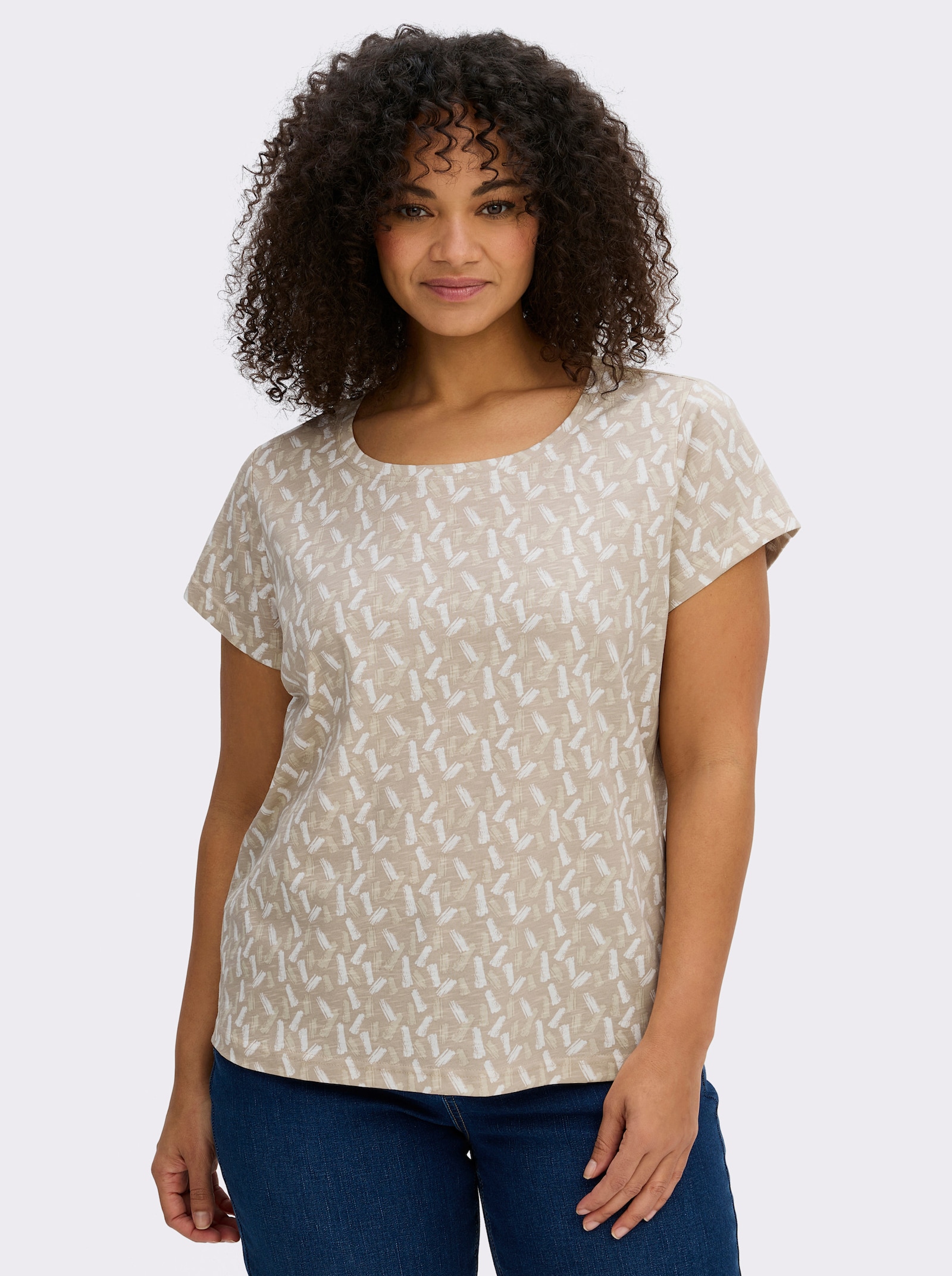 Rundhalsshirt mit Flammgarn-Struktur - beige-ecru-bedruckt