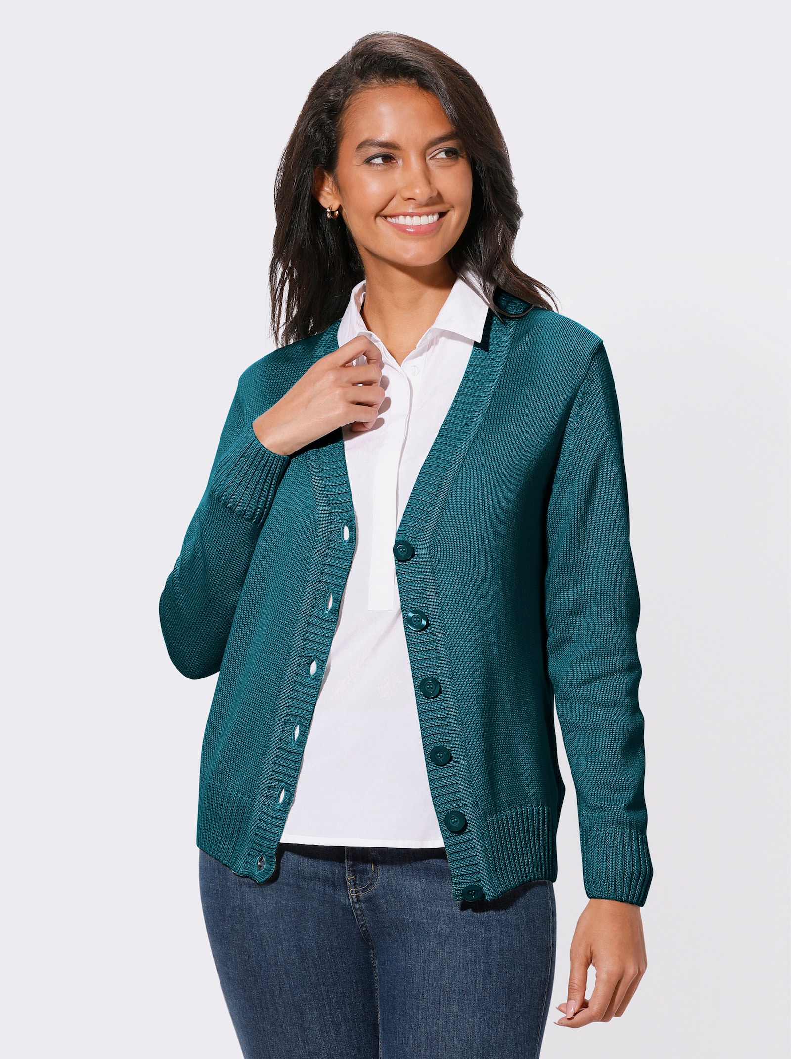 Strickjacke mit farblich abgestimmten Knöpfen - petrol