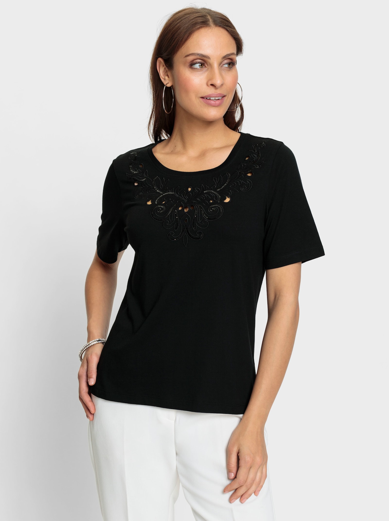 Kurzarmshirt mit Ornament-Stickerei - schwarz