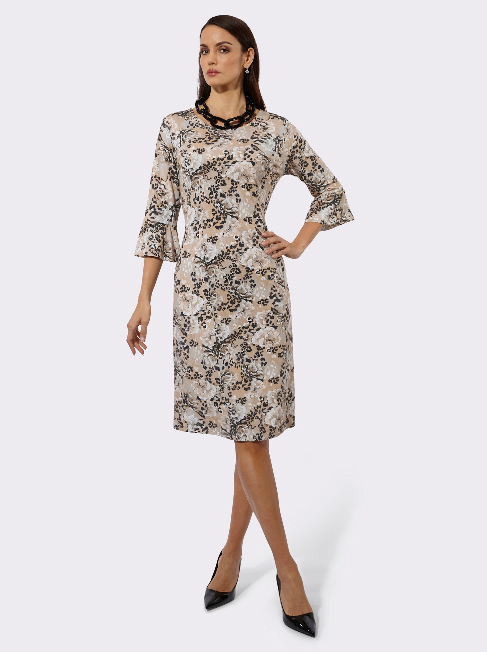 Jerseykleid mit Trompeten-Ärmeln - camel-schwarz-bedruckt