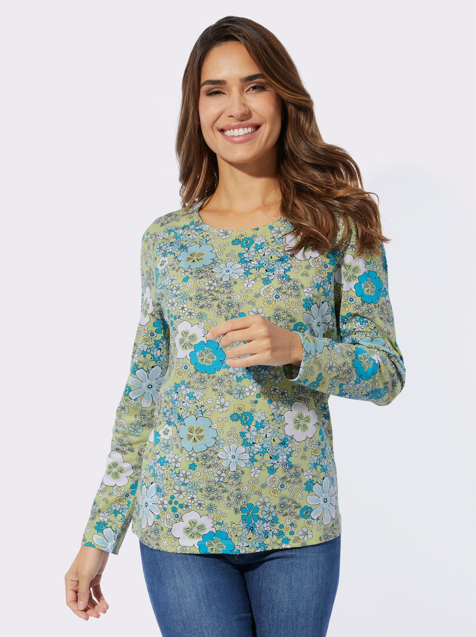 Långärmad topp i enkelstickad trikå - pistasch-mint-med tryck