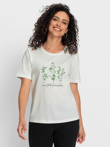 Kurzarmshirt mit floralem Motiv - ecru-apfel-bedruckt