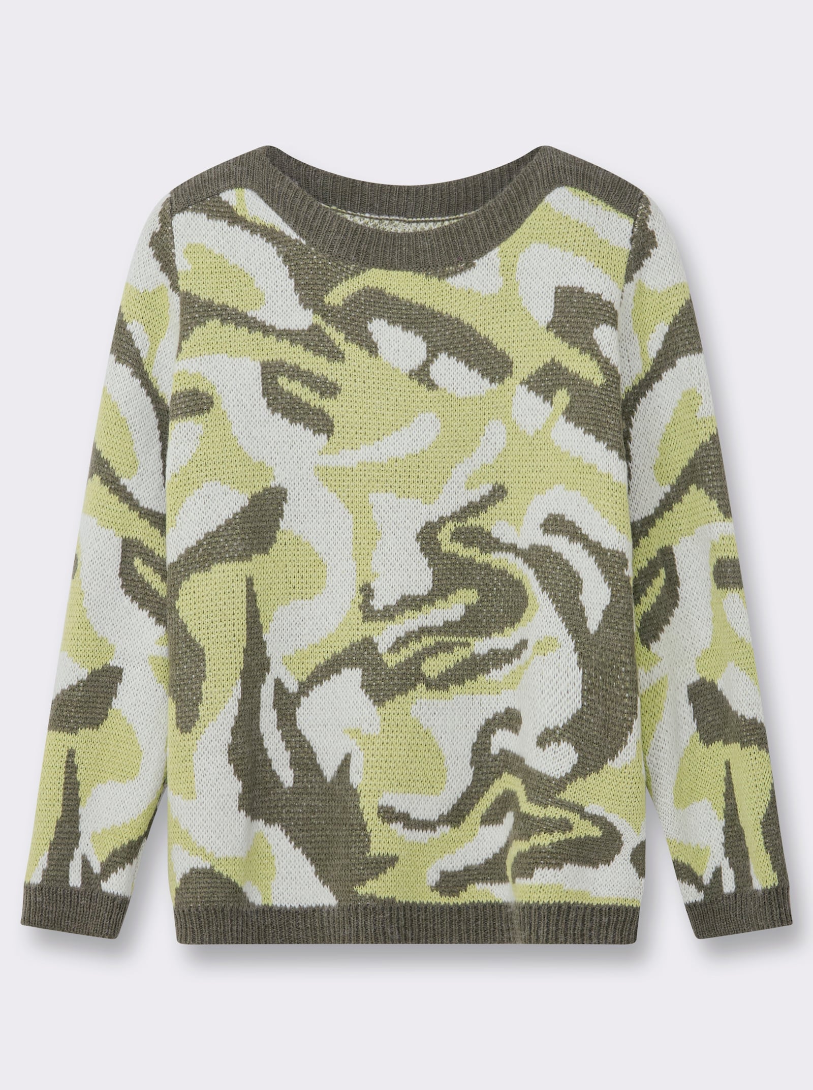 Jacquard-Pullover mit unifarbenen Abschlüssen - pistazie-khaki-gemustert