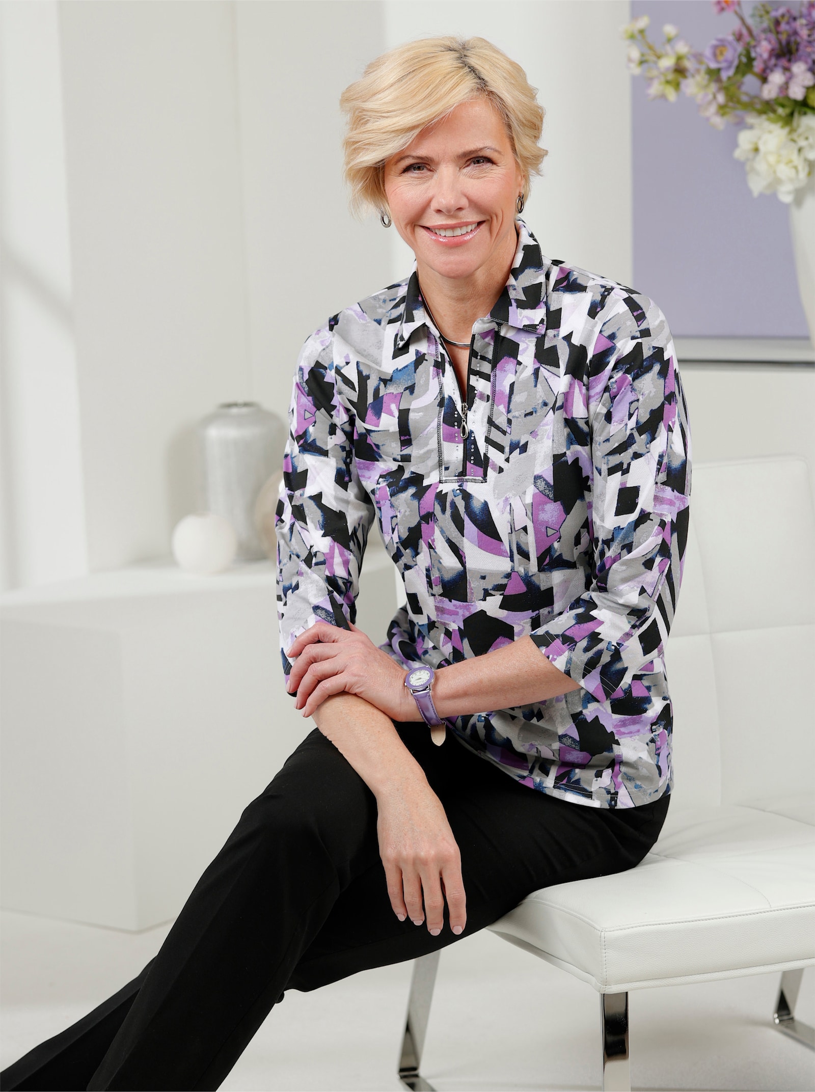 Poloshirt met glittersteentjes - lavendel/steengrijs bedrukt