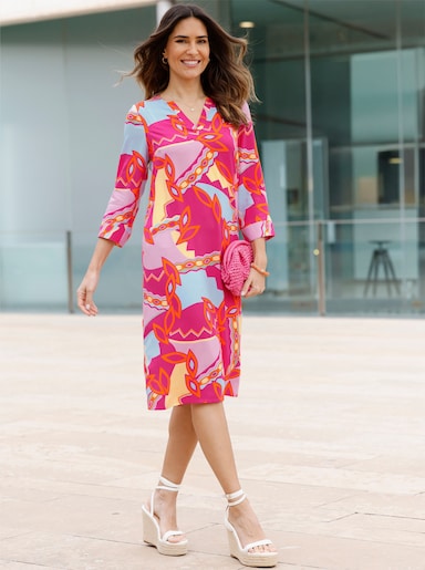 Druckkleid mit 3/4-Ärmel - fuchsia-zitrone-bedruckt