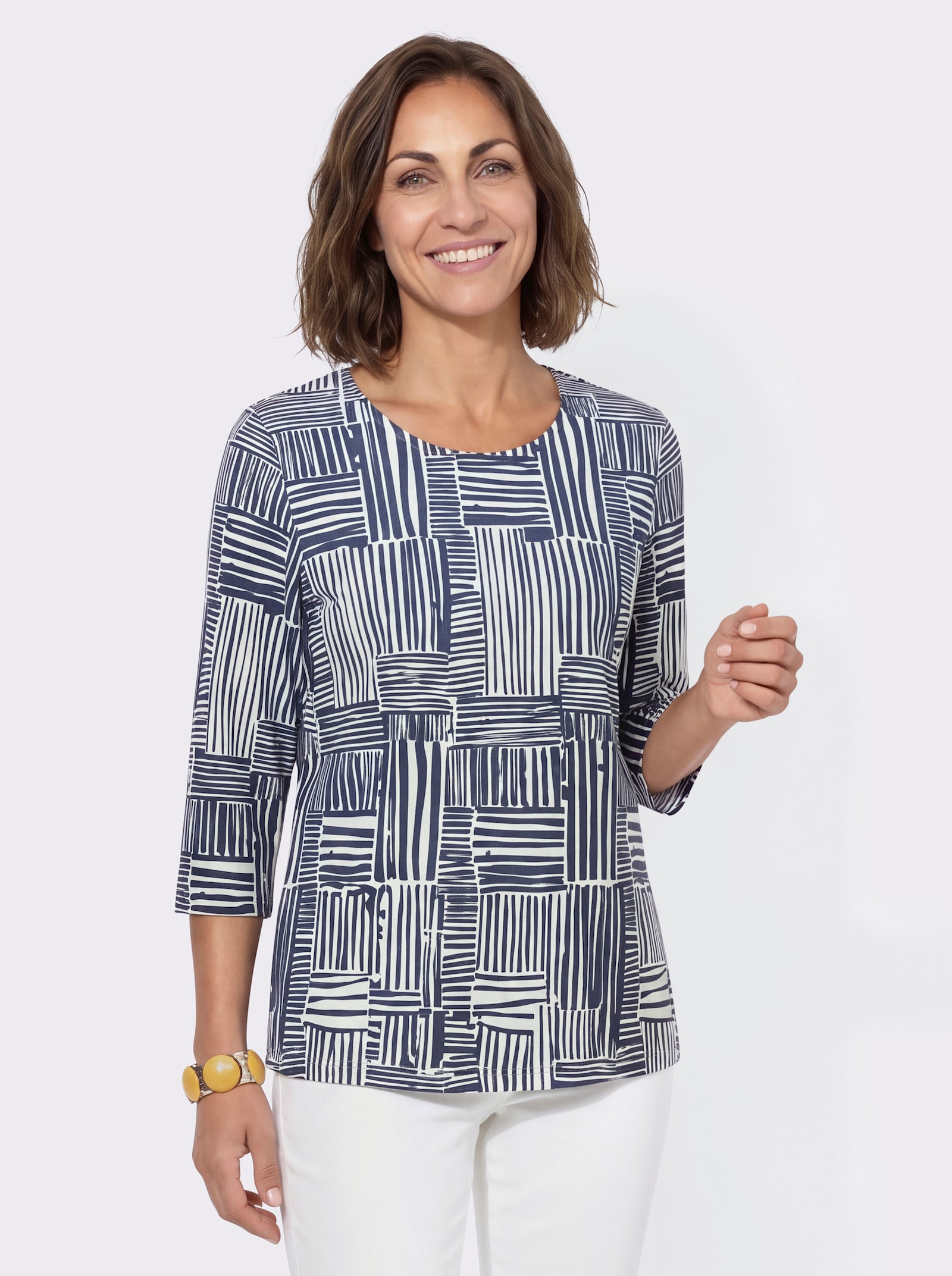 Print-Shirt mit 3/4-Ärmeln - rauchblau-ecru-gemustert
