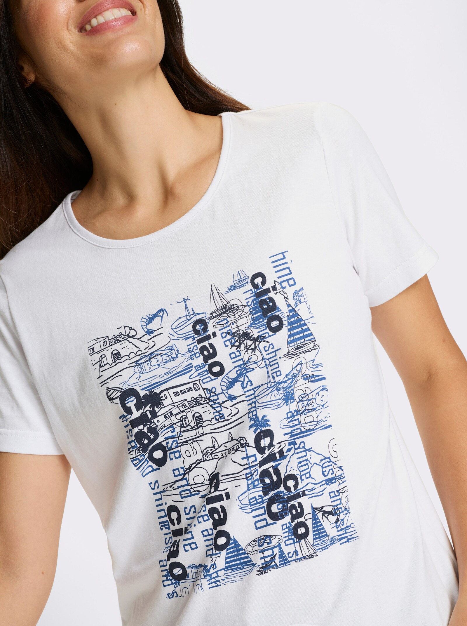 Shirt met korte mouwen van katoen, bedrukt - wit/marine