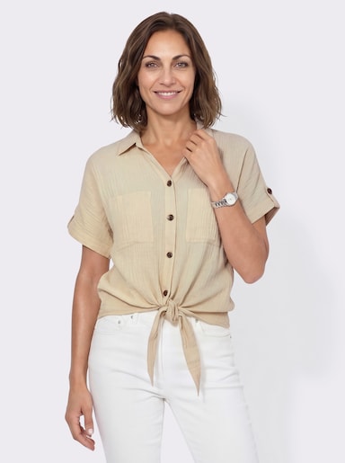 Baumwollbluse mit zipfligem Saum zum Knoten - sand