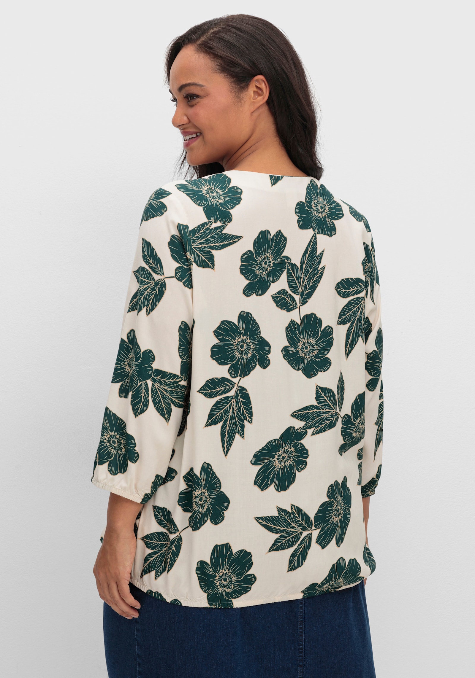 Schlupfbluse mit großen Blüten - champagner-petrol-bedruckt