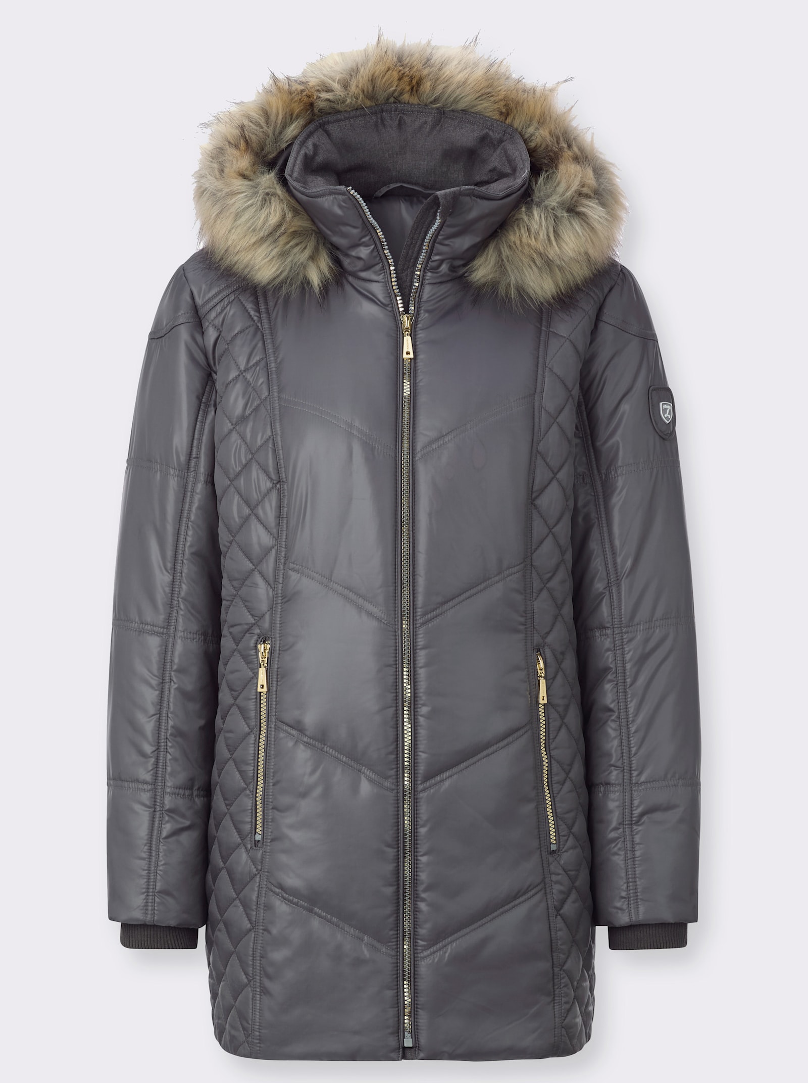 Steppjacke mit Kapuze mit Pelz-Imitat - anthrazit