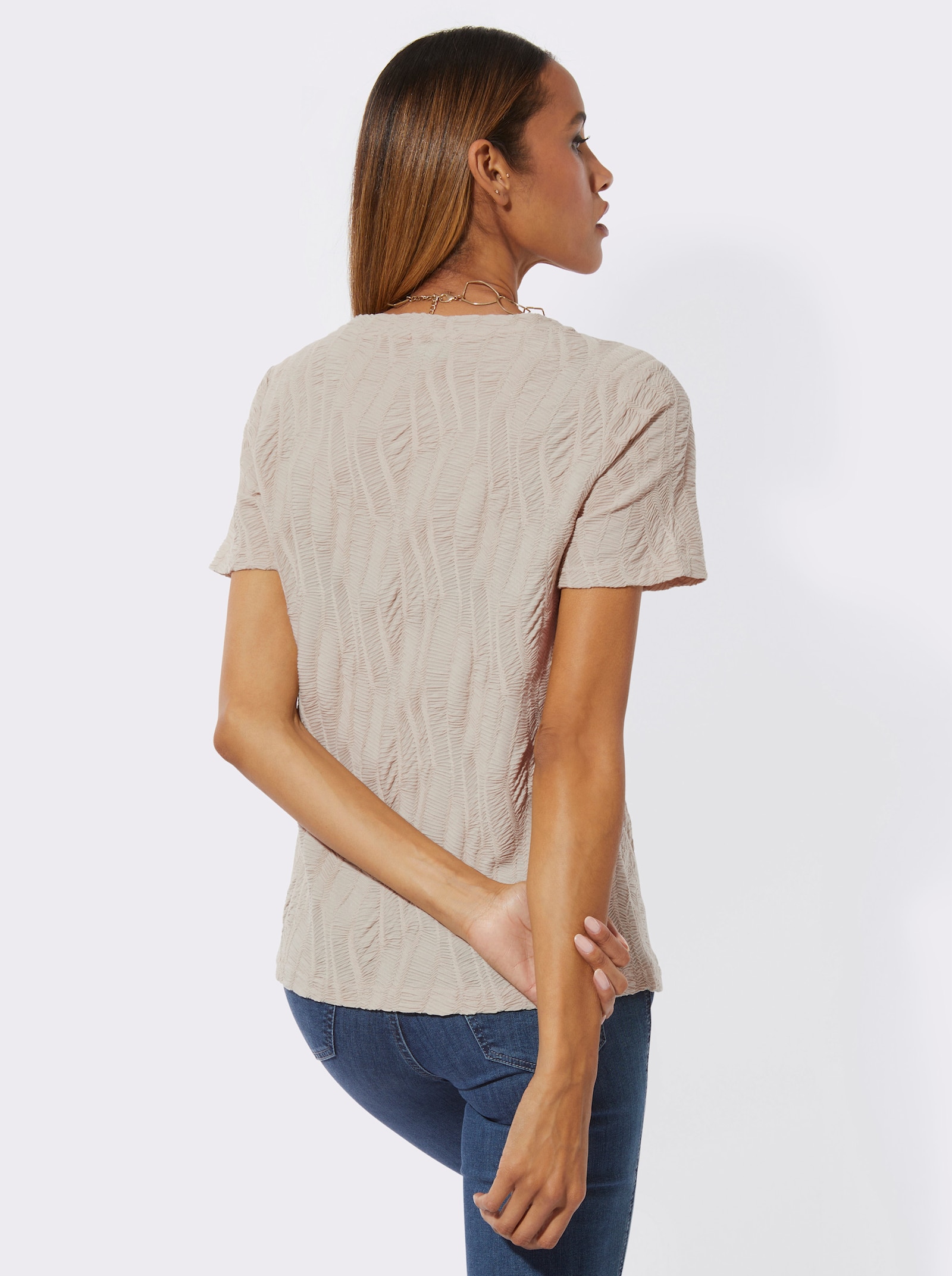 Rundhalsshirt mit Jacquard-Struktur - sand