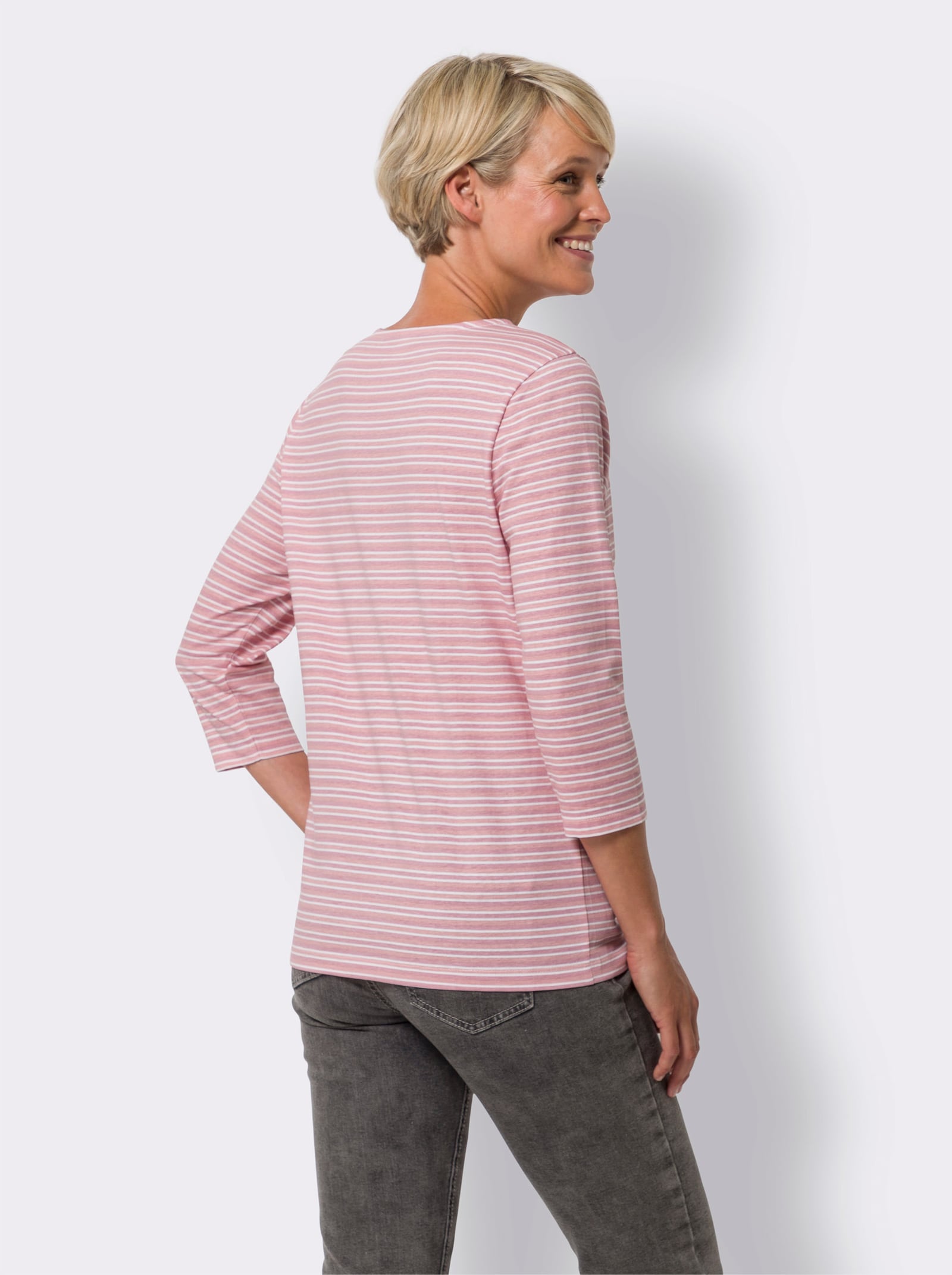 Tričko s 3/4 rukávem a proužkovaným vzorem - starorůžová-bílá-proužek