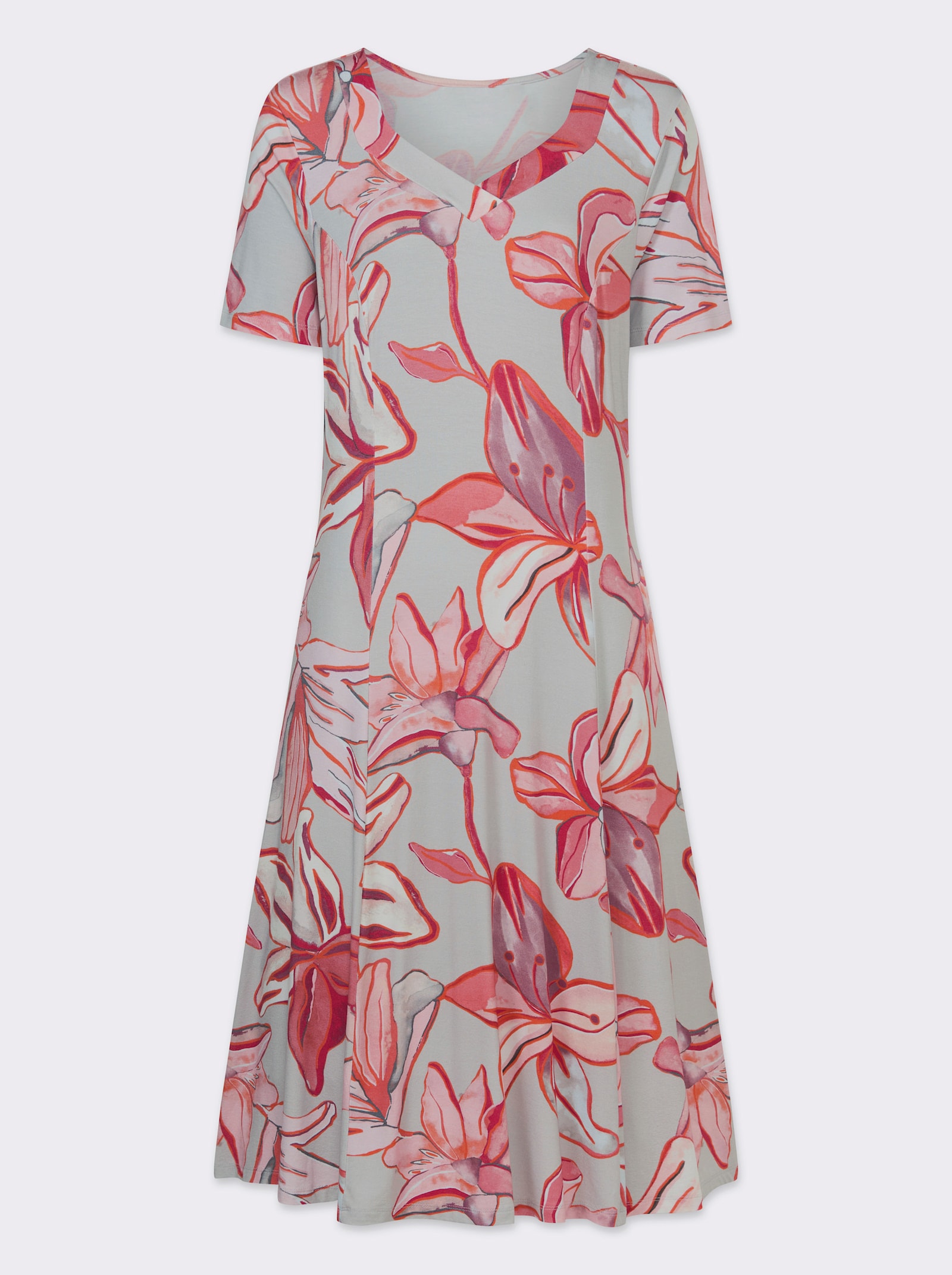 Jerseykleid mit Blüten-Dessin - hellgrau-koralle-bedruckt
