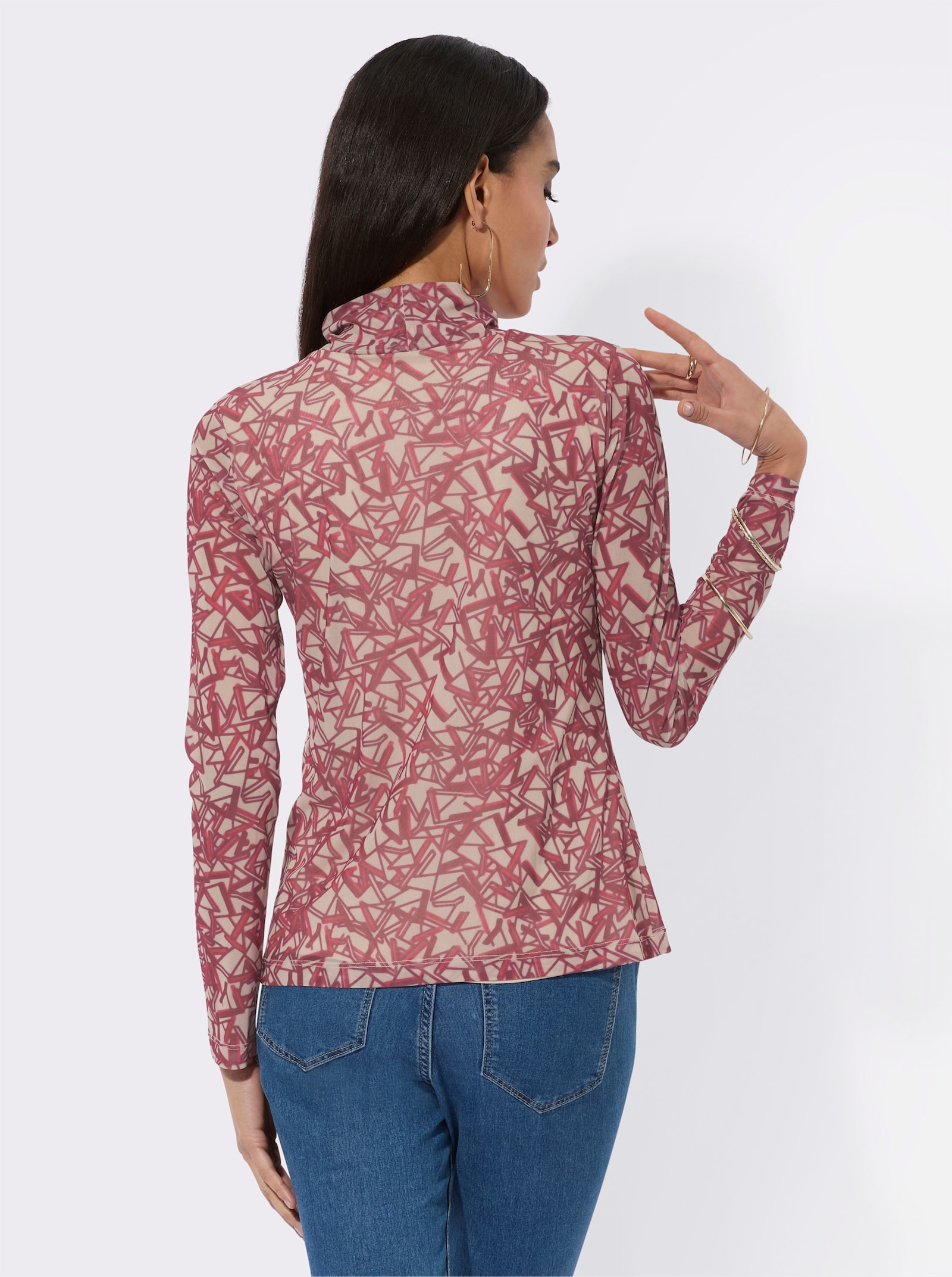 Dubbellaags shirt met opstaande kraag - kers/zand bedrukt