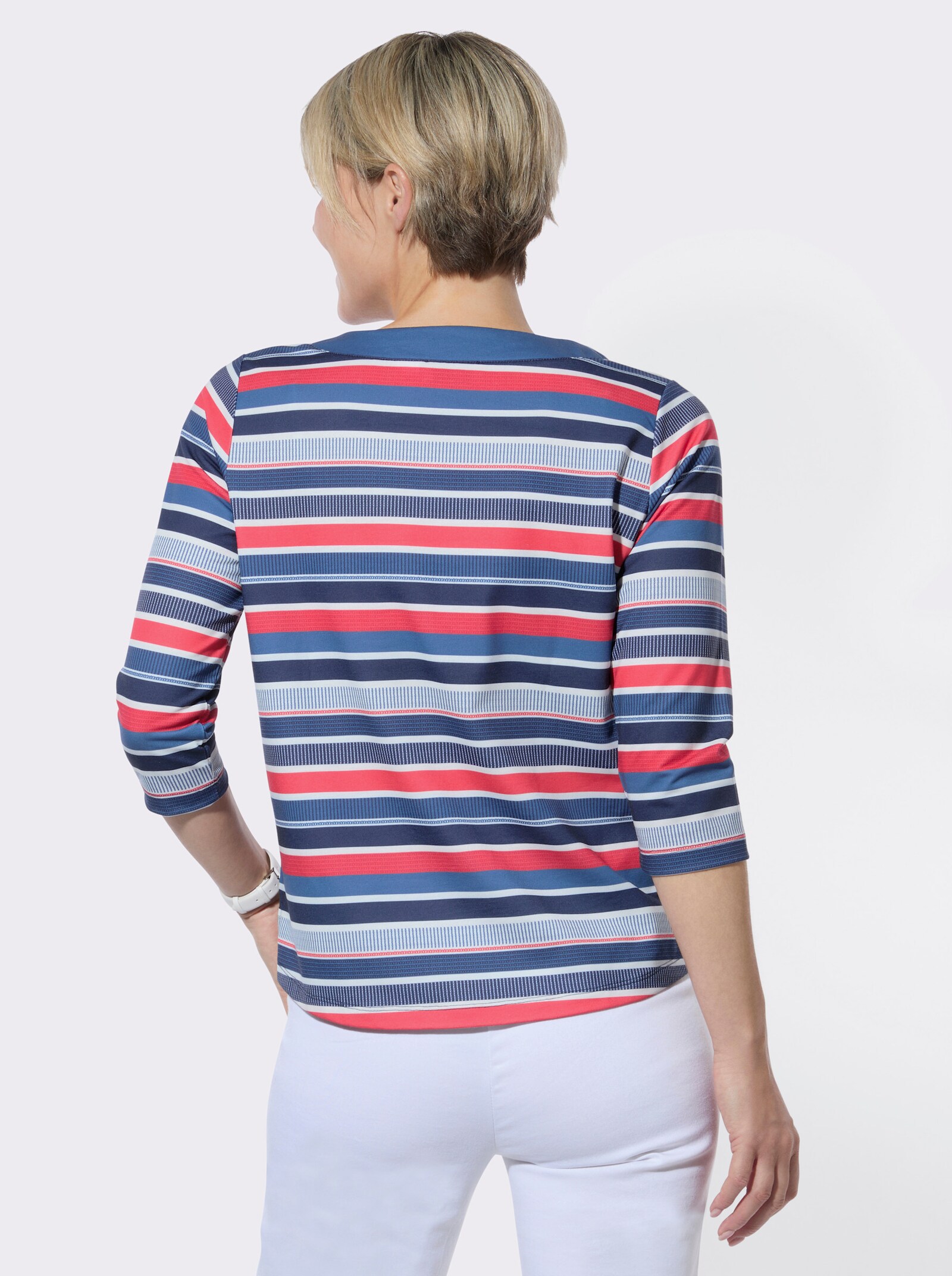 Rundhalsshirt im Streifenmuster - jeansblau-hummer-geringelt