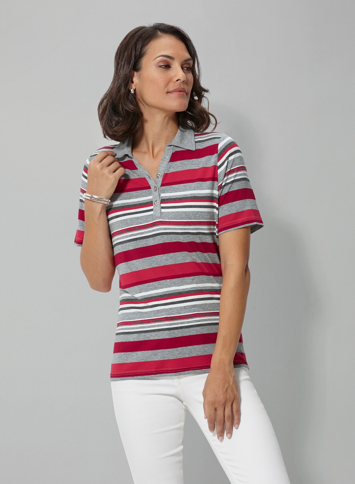 Poloshirt - rot-grau-geringelt