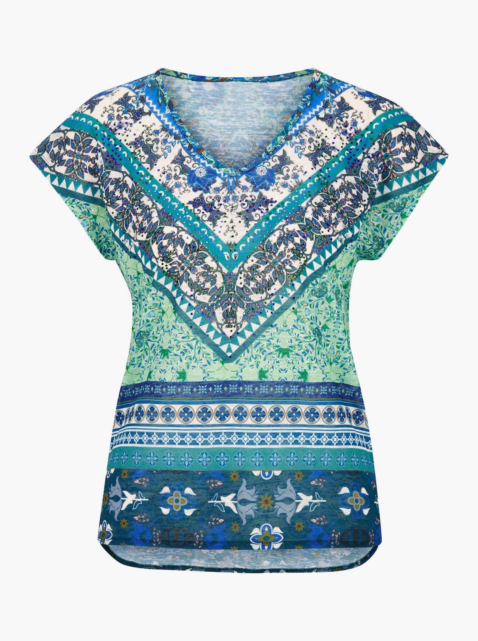 V-Shirt mit überschnittenen Schultern - grün-blau-gemustert