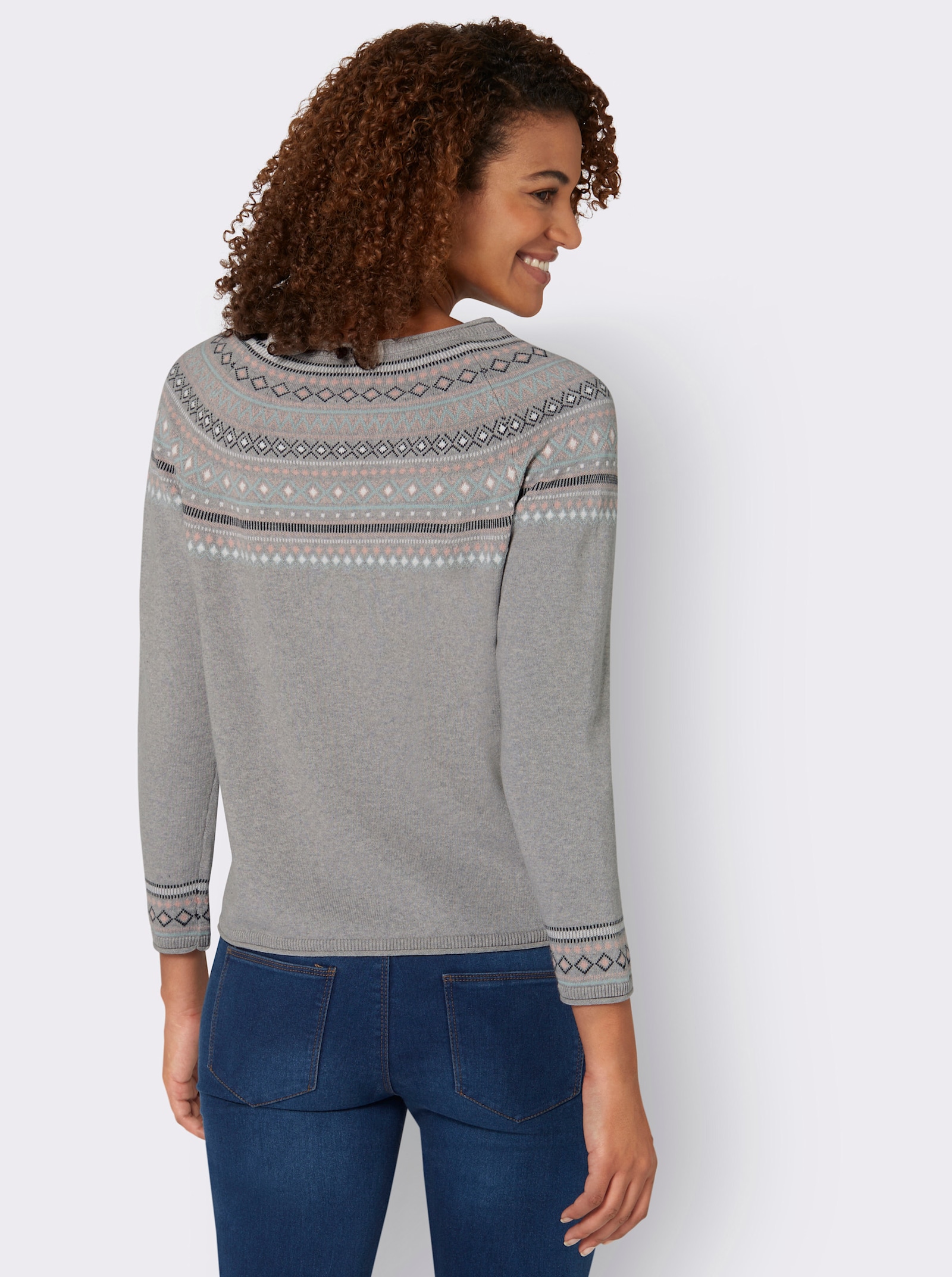 Norwegerpullover aus reiner Baumwolle - grau-meliert-gemustert