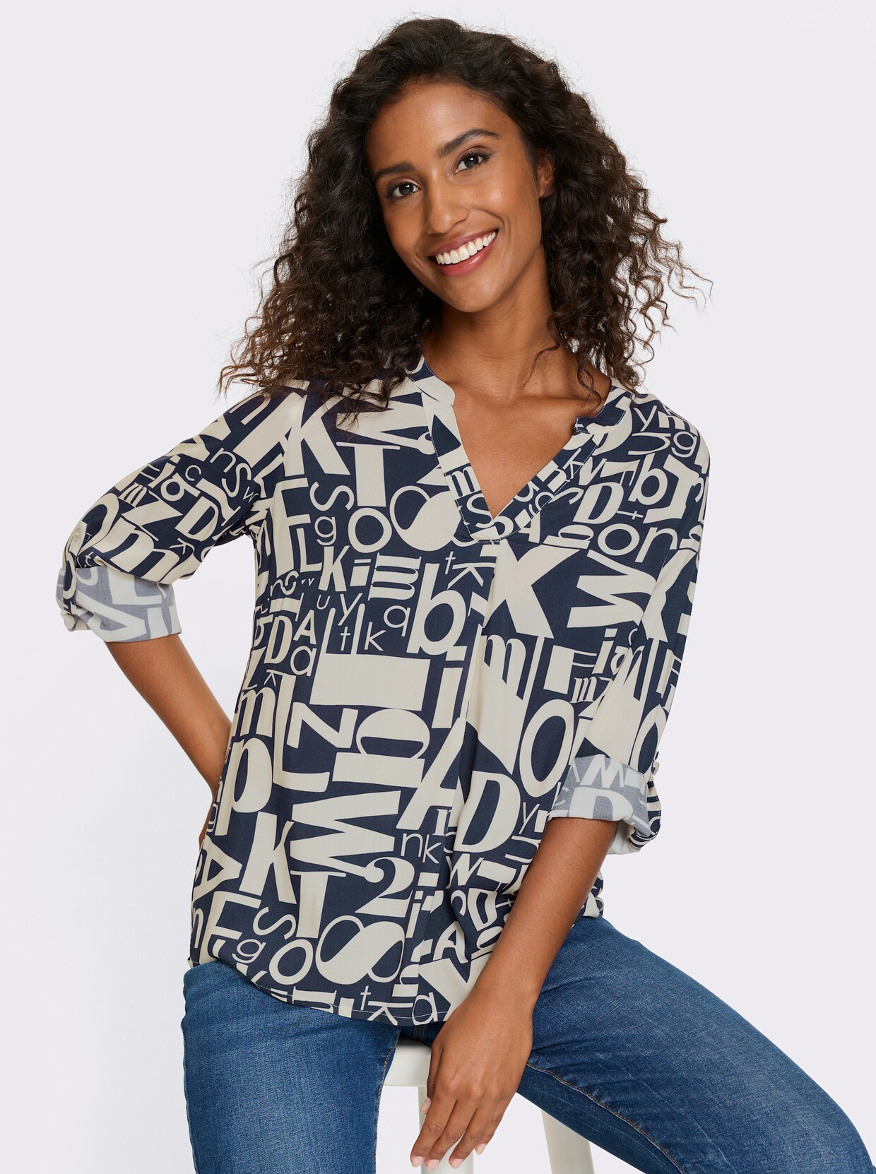 heine Druckbluse - champagner-marine-bedruckt