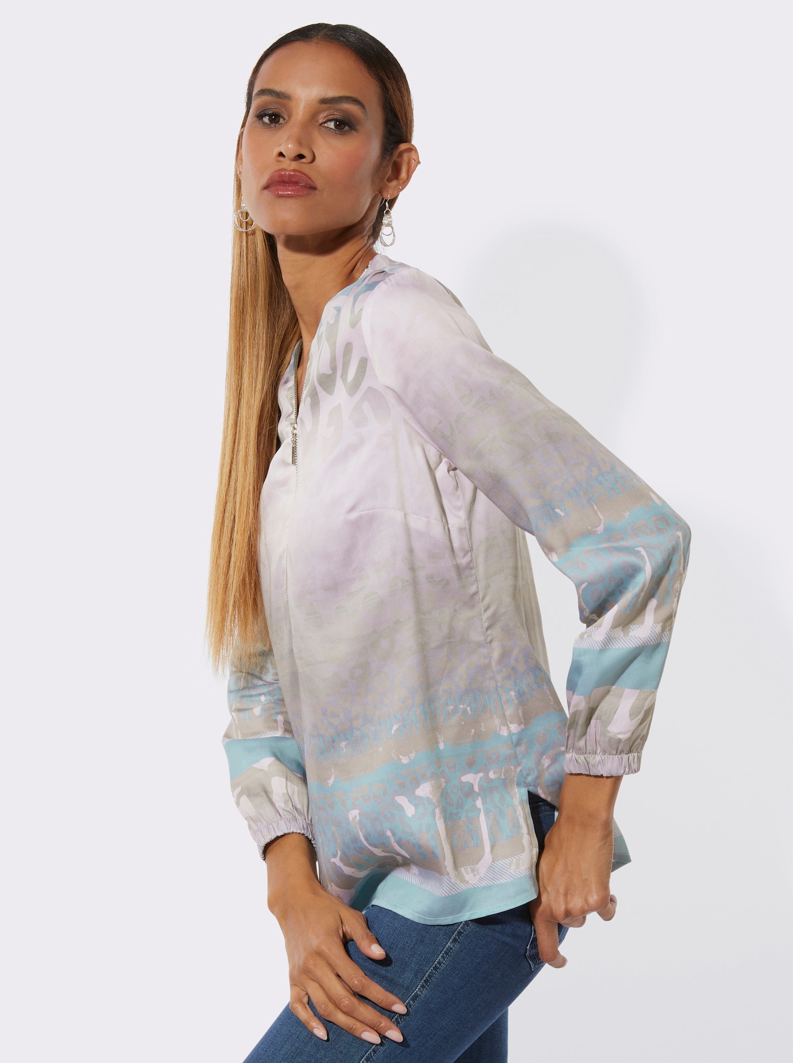 Longbluse im seidig matten Glanz - sesam-champagner-bedruckt