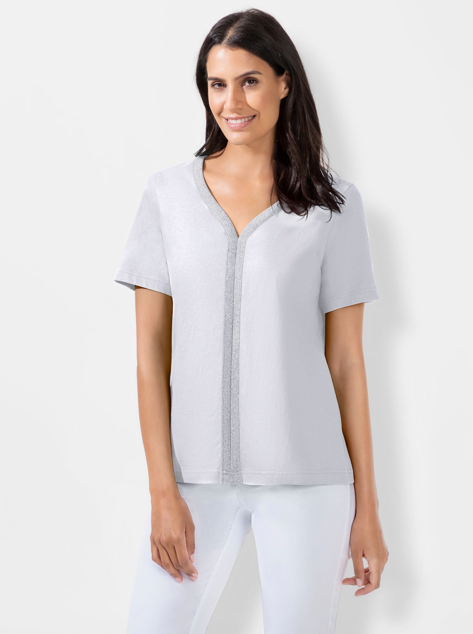 Kurzarmshirt mit silberfarbiger Paspel - weiss
