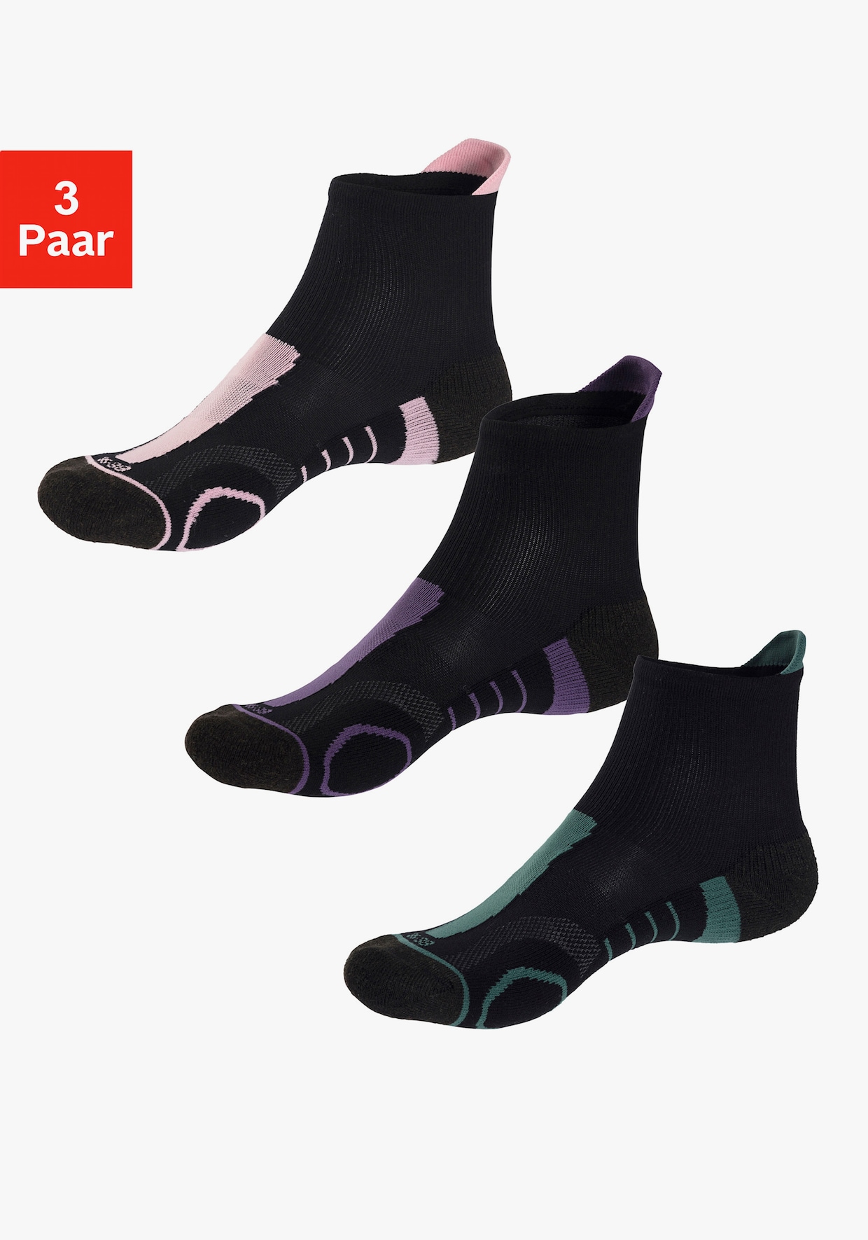 LASCANA ACTIVE Wandersocken - 1x schwarz-lila, 1x schwarz-rosa, 1x schwarz-grün