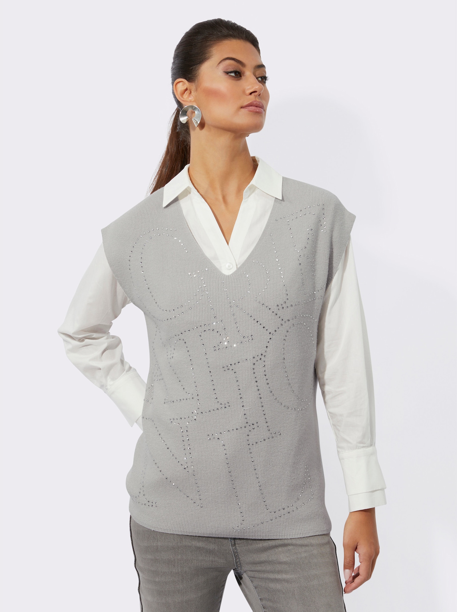 V-Ausschnitt-Pullover mit Glitzersteinchen-Schriftzug - hellgrau-silberfarben