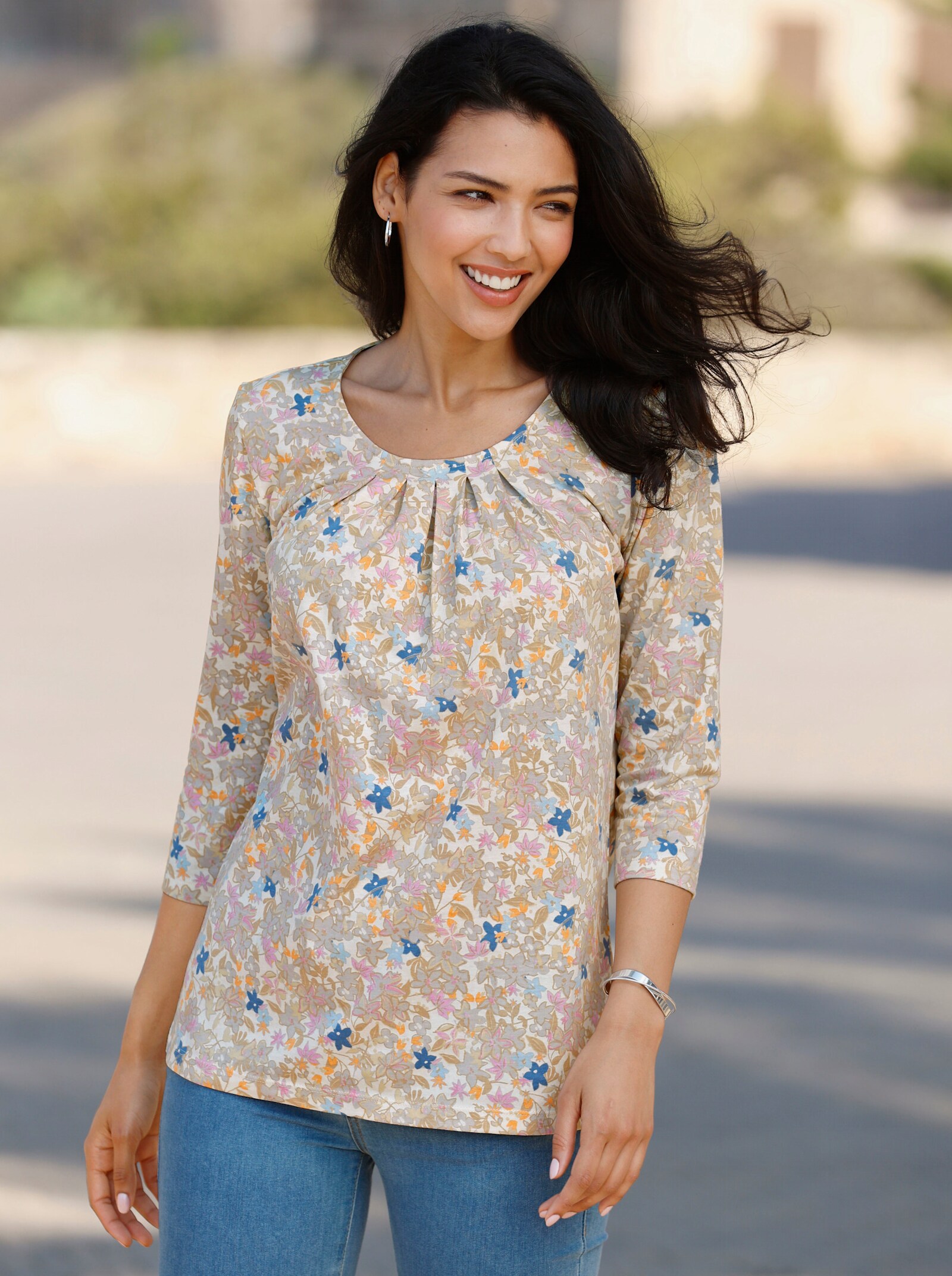 Shirt met 3/4-mouwen in bloemdessin - champagne geprint