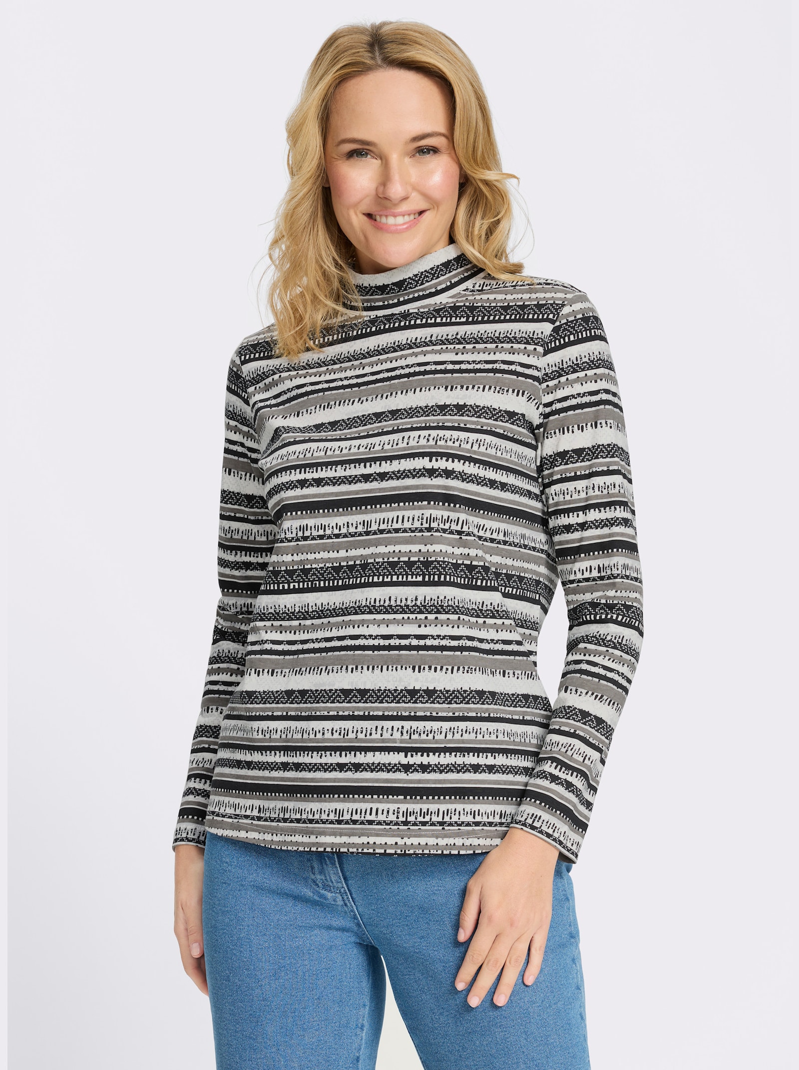 Stehkragenshirt mit Ethno-Druck - schwarz-ecru-bedruckt