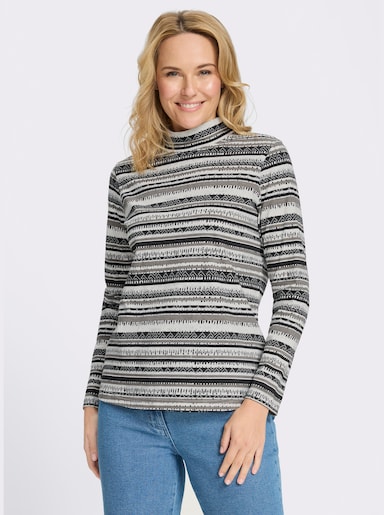 Stehkragenshirt mit Ethno-Druck - schwarz-ecru-bedruckt