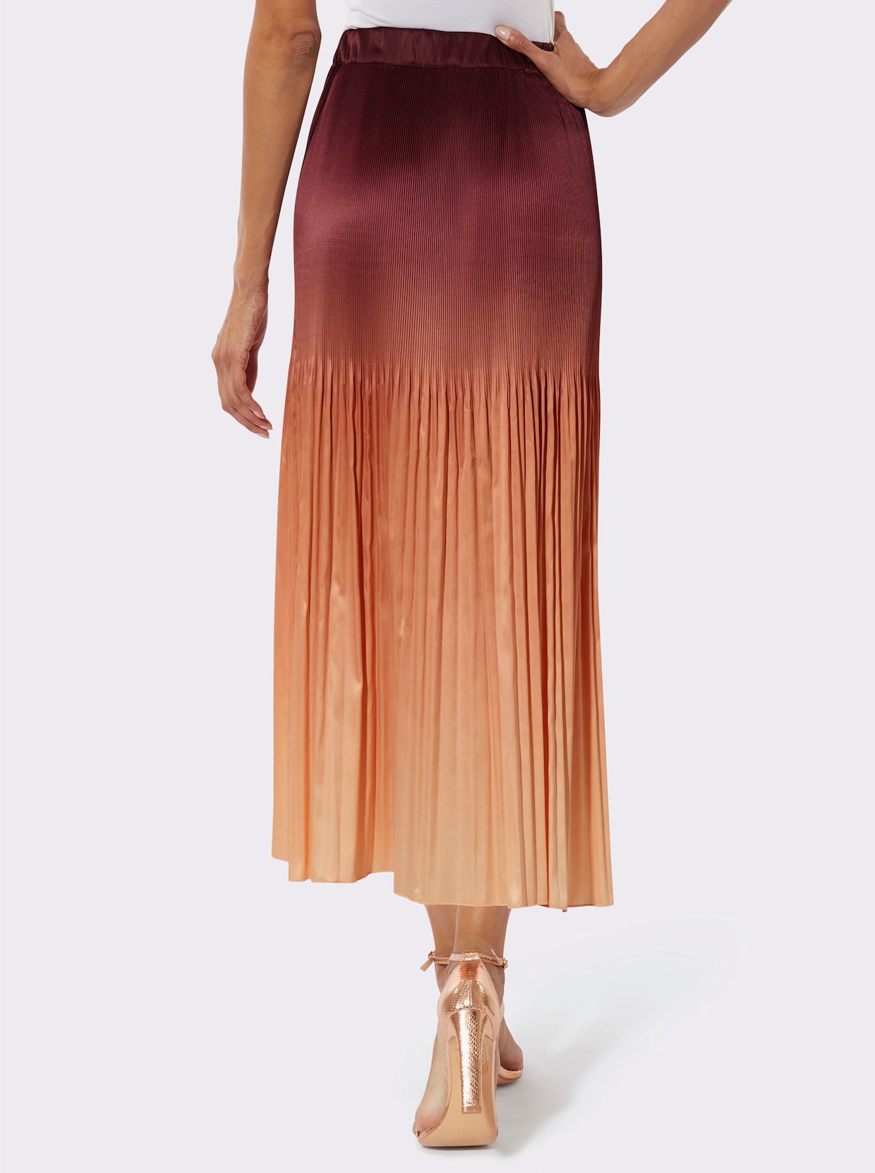 Plisseerock in Matt-Satin - burgund-apricot-bedruckt