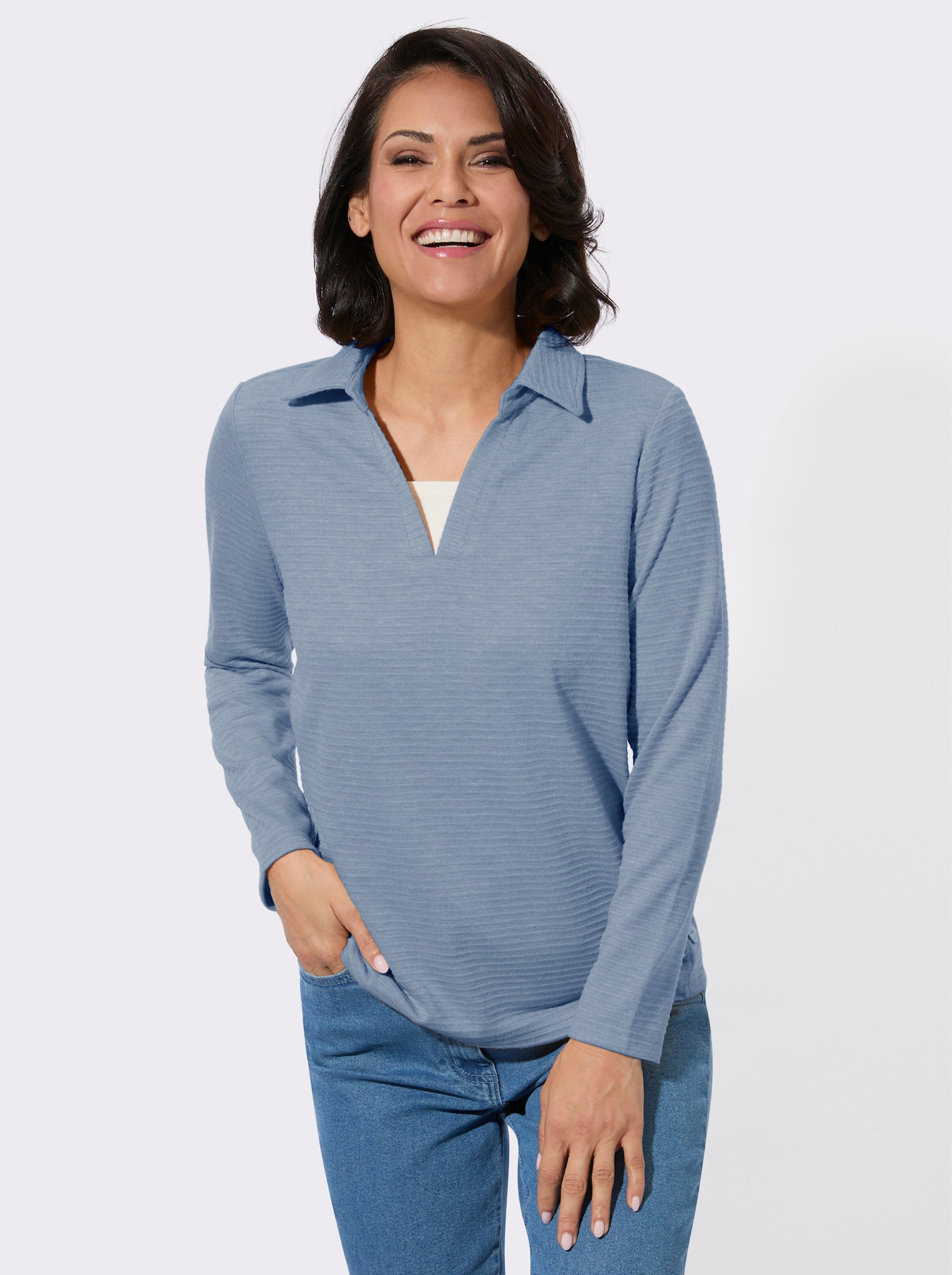 Poloshirt met knoopsluiting opzij - jeansblauw gemêleerd