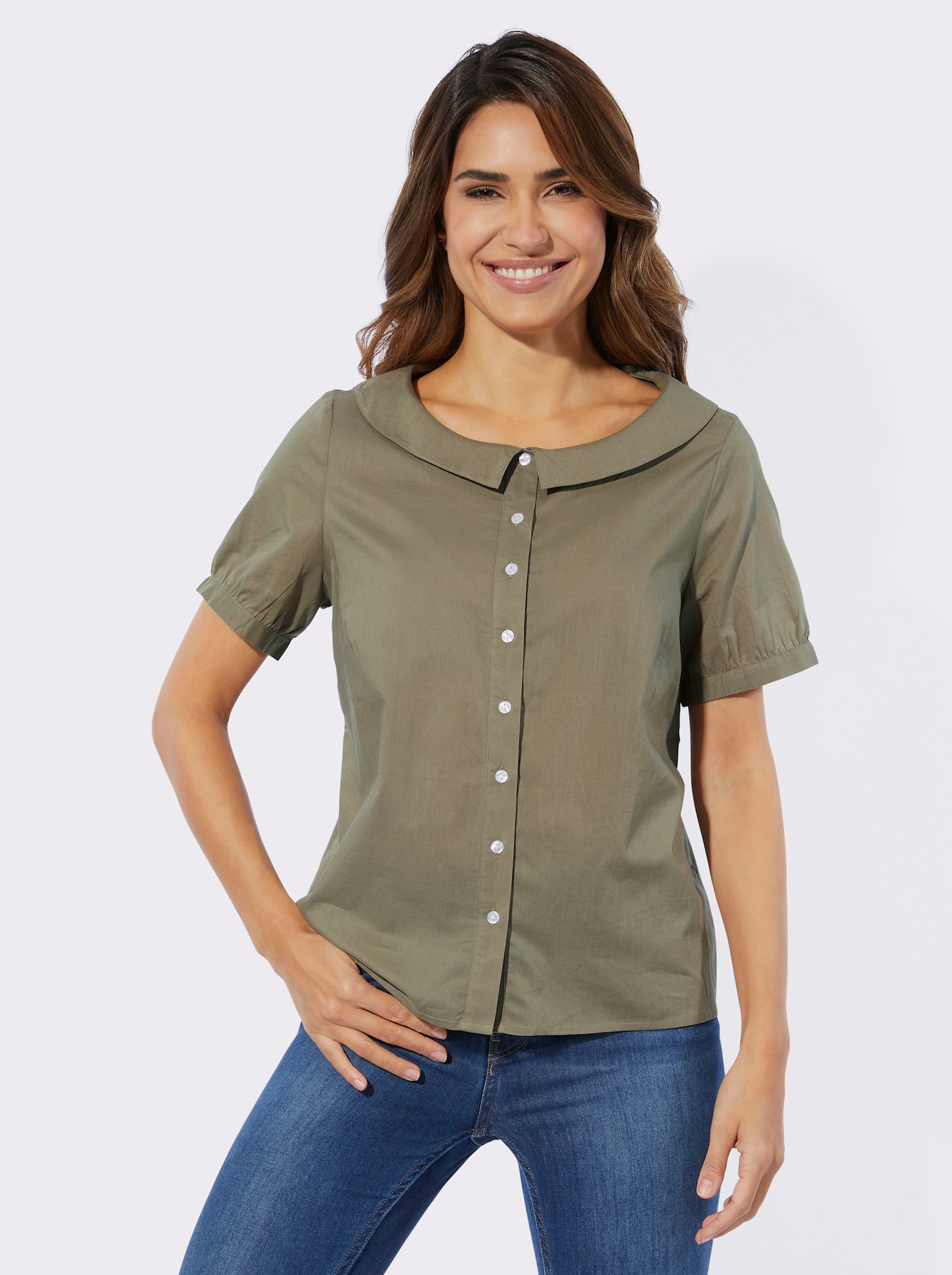 Halenka a krátkým rukávem s širokým kulatým výstřihem - khaki