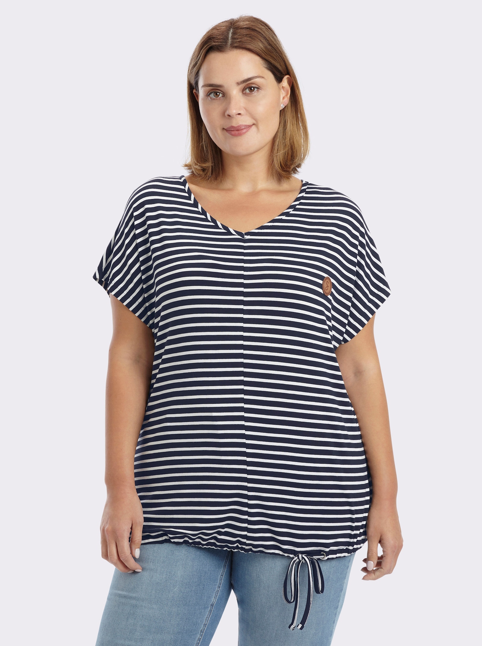 sheego Ringelshirt mit Bindeband am Saum - tiefblau-weiß-gestreift