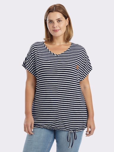 sheego Ringelshirt mit Bindeband am Saum - tiefblau-weiß-gestreift