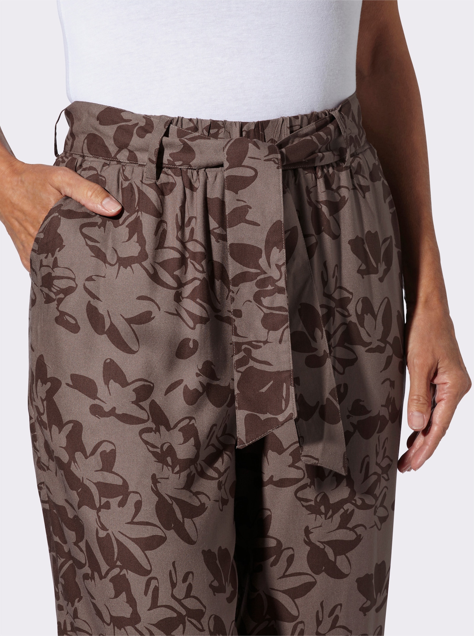 7/8 kalhoty s potištěným páskem na zavázání - tmavá taupe-čokoládová-potisk