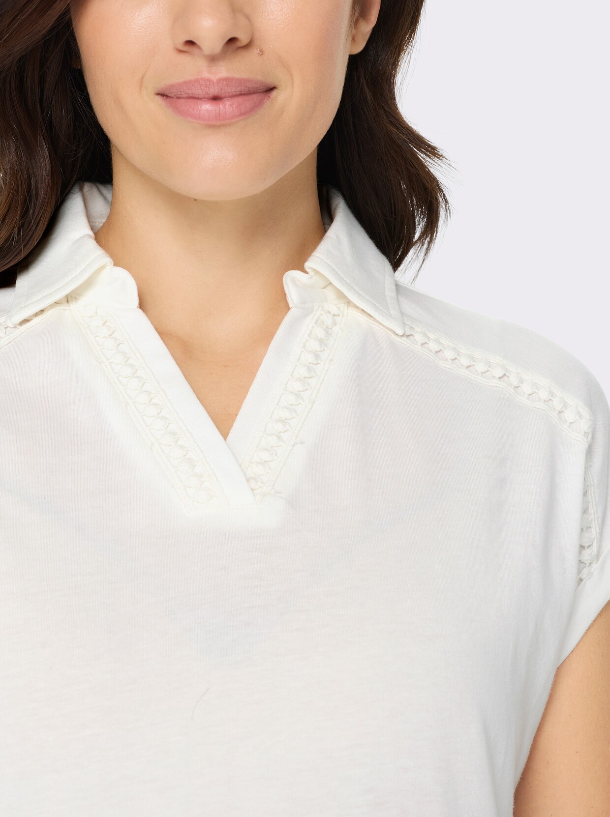 Poloshirt mit Spitzenborte - ecru