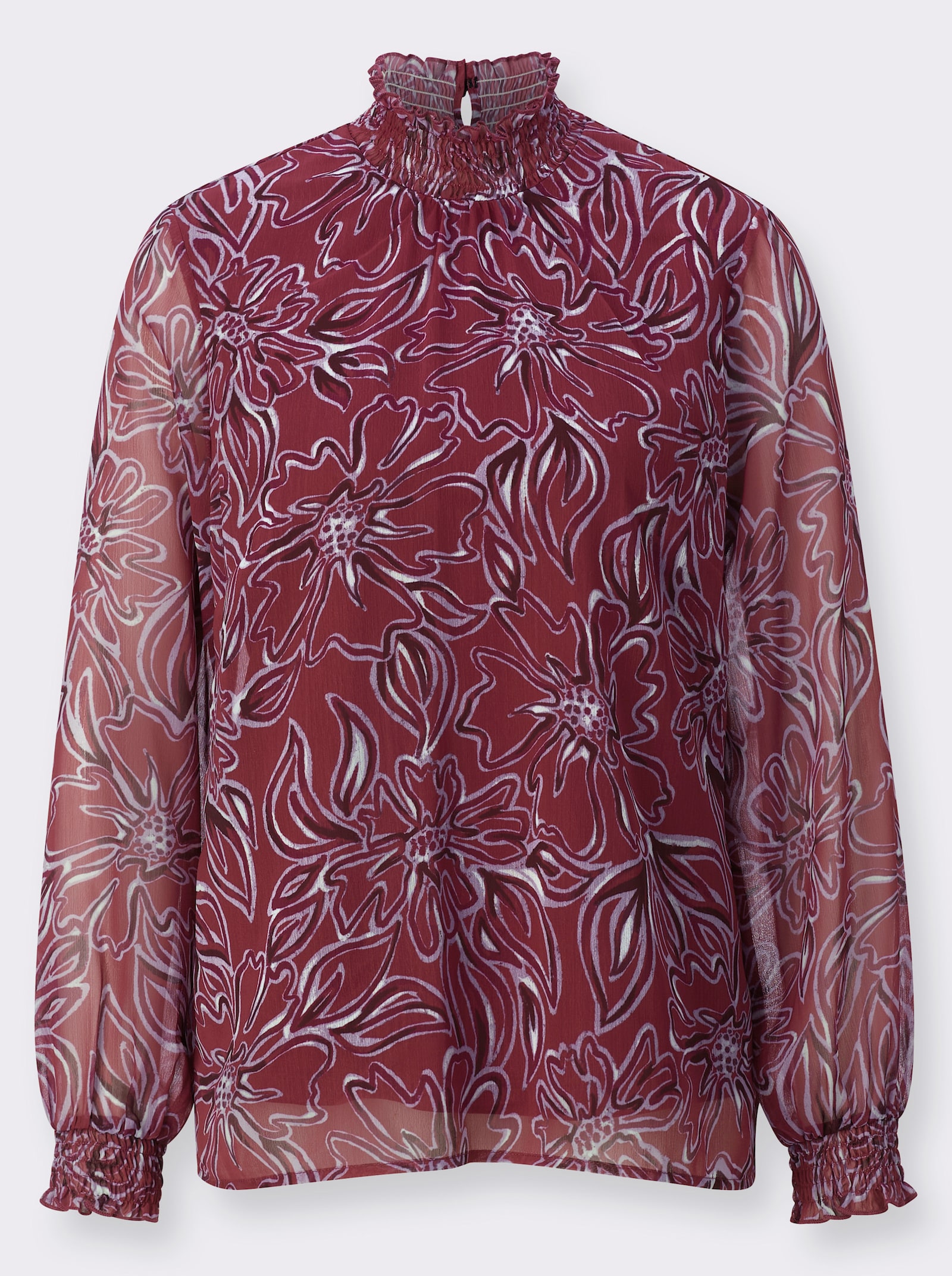 Druckbluse mit gesmoktem Stehkragen - bordeaux-flieder-bedruckt