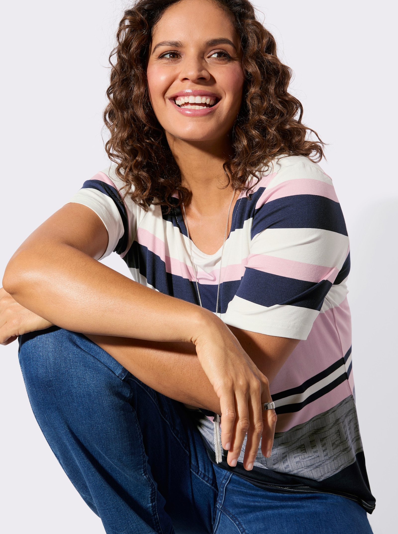 Kurzarmshirt mit hochwertiger Viskose - rosé-marine-bedruckt