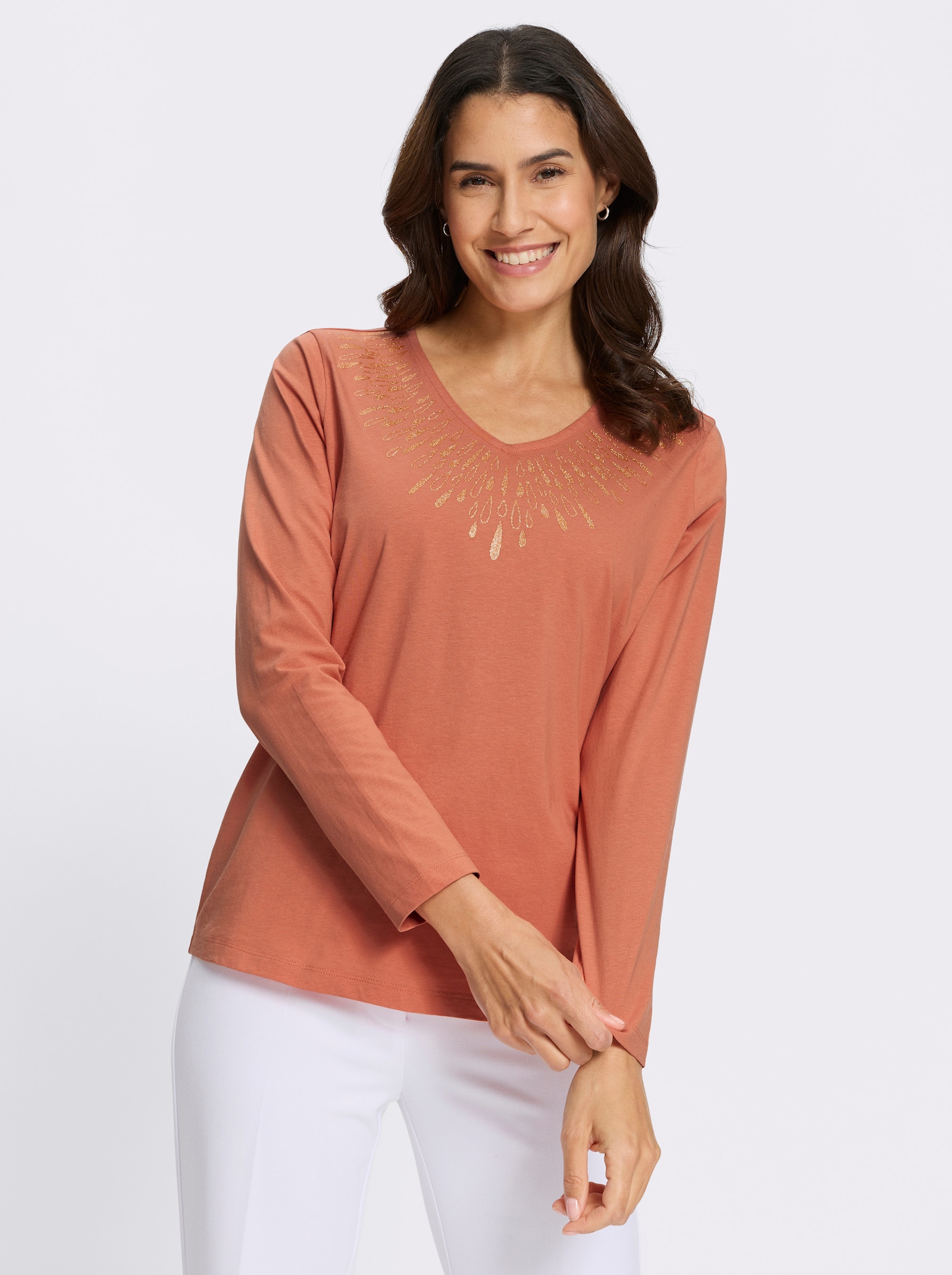 Langarmshirt mit Glitzerdruck - papaya