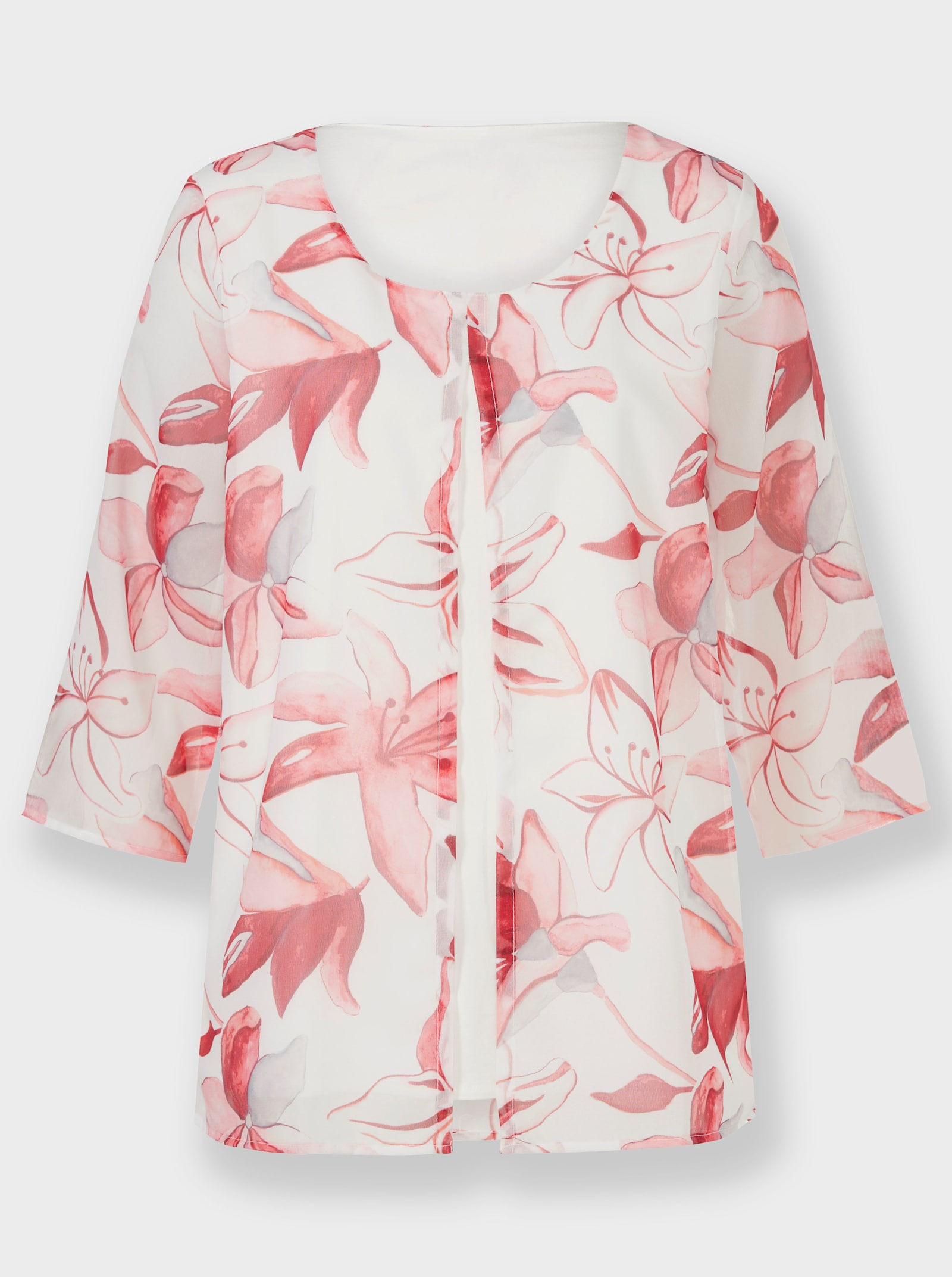 Georgettebluse in 2-in-1-Optik - ecru-rot-bedruckt