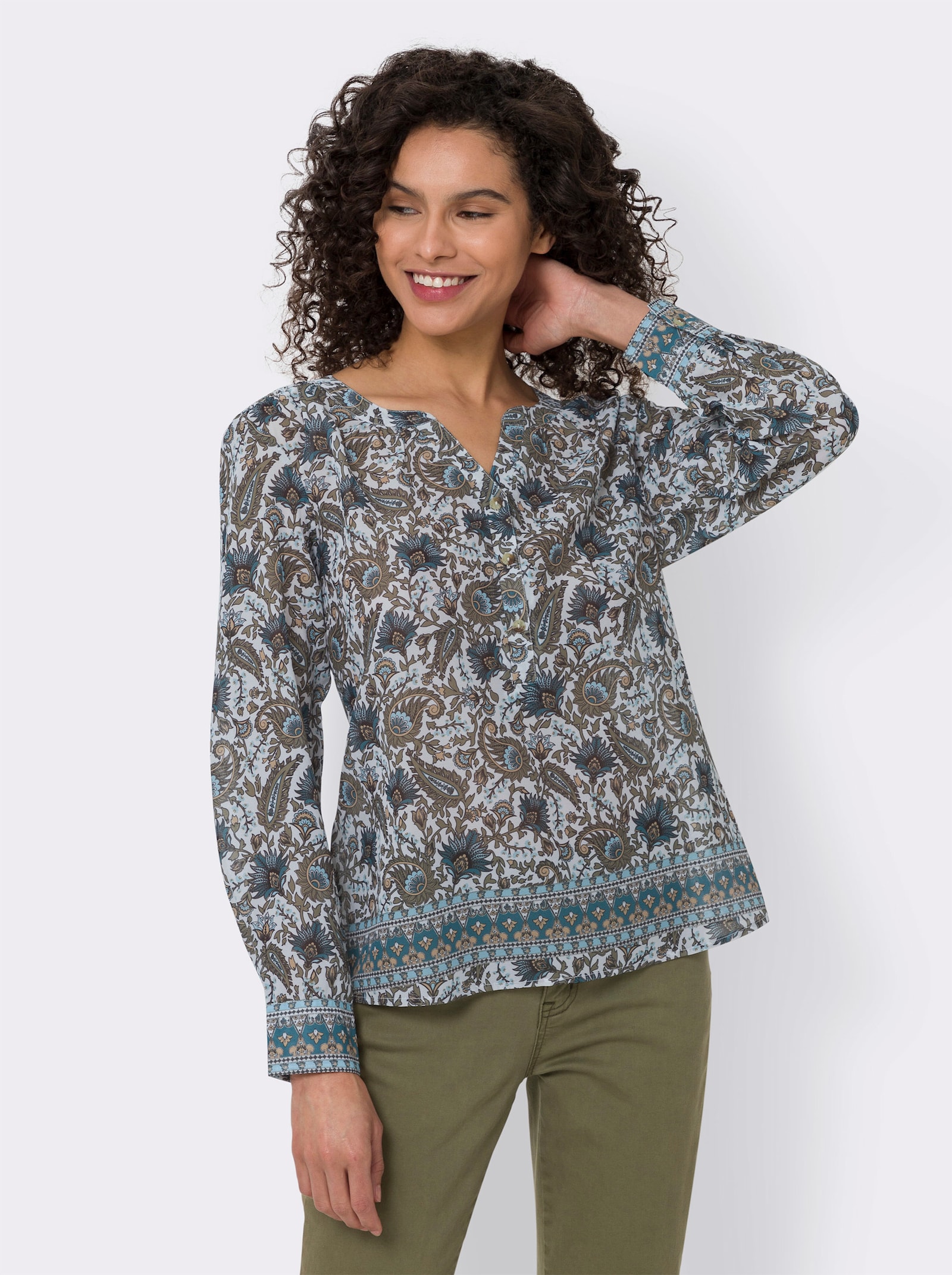 heine Blouse met print en sierranddessin - kaki/aqua bedrukt