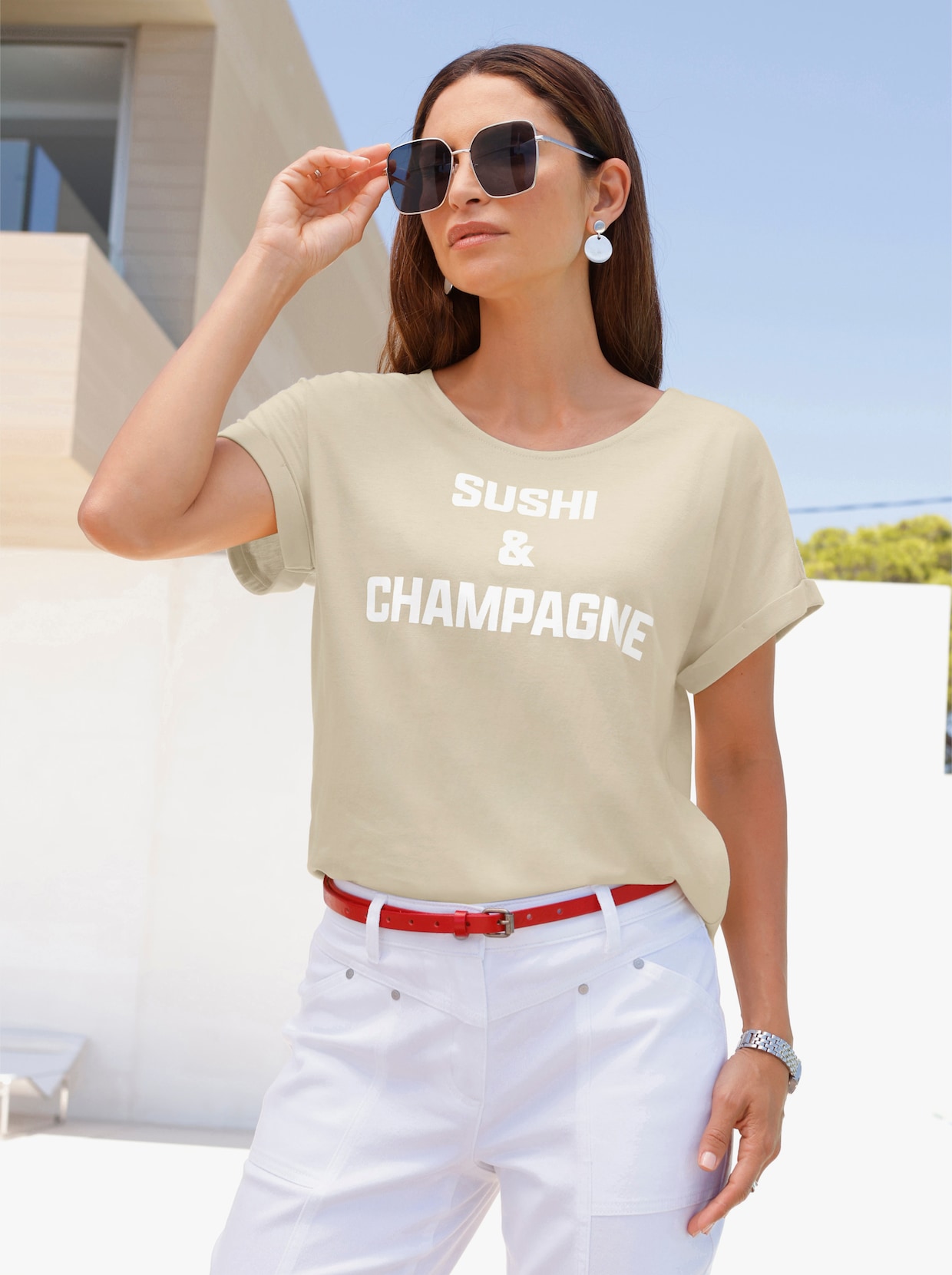 Rundhalsshirt - sand-weiß